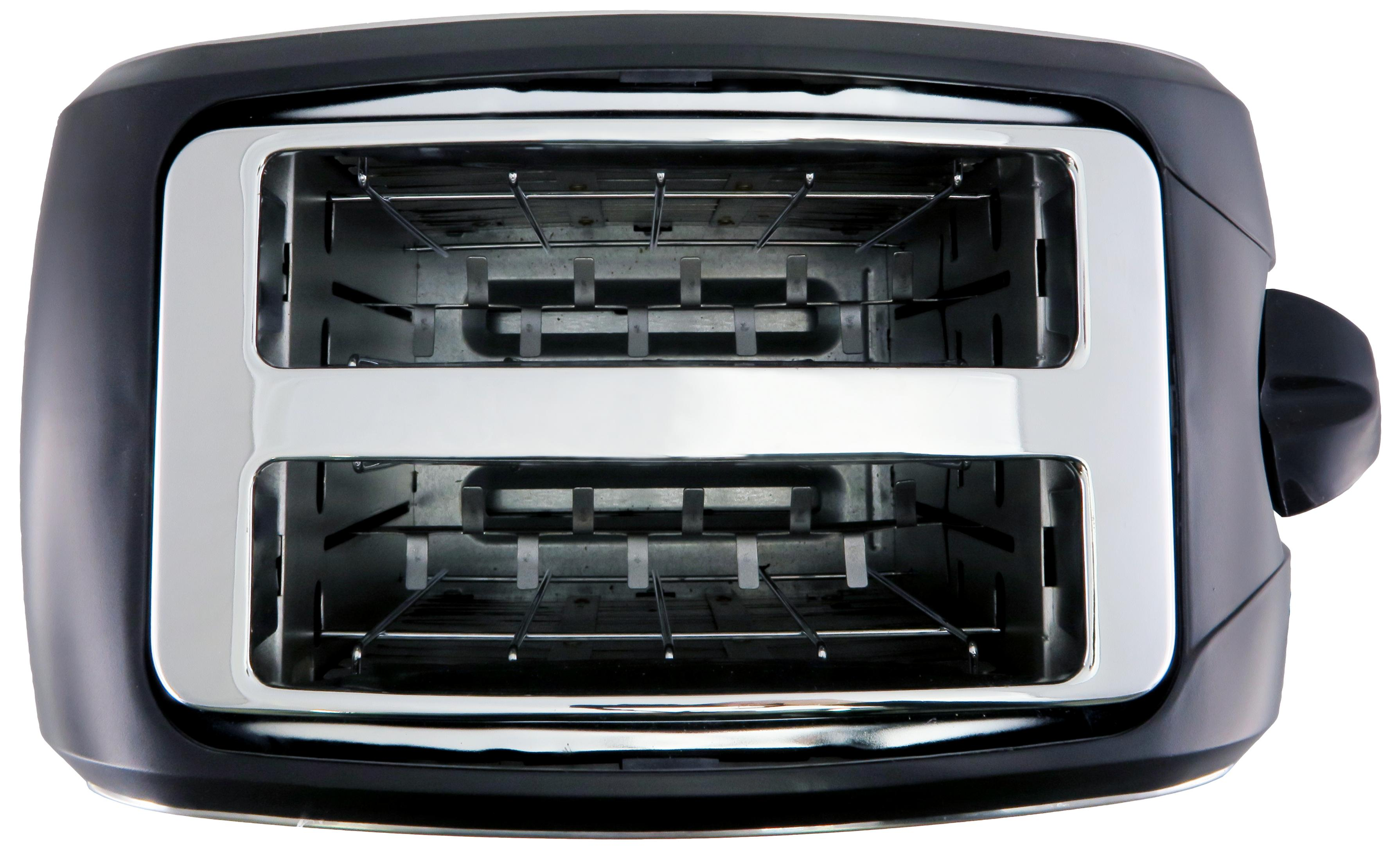 Ein schwarzer Toaster mit Chromdetails und zwei Schlitzen für Brot.