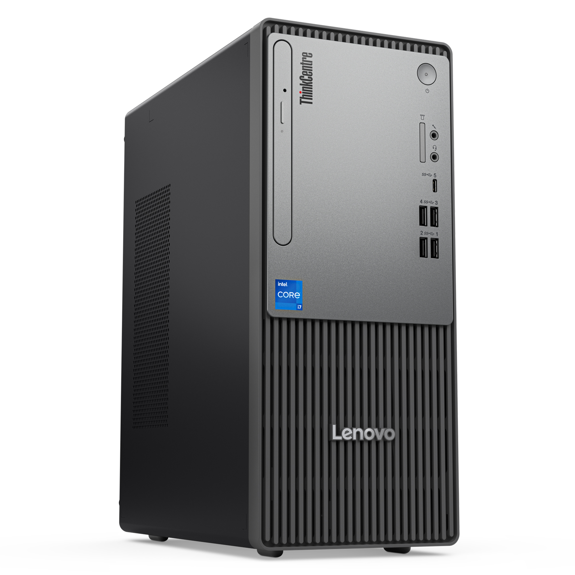 Intel Core i7 etiketli siyah bir Lenovo ThinkCentre PC.