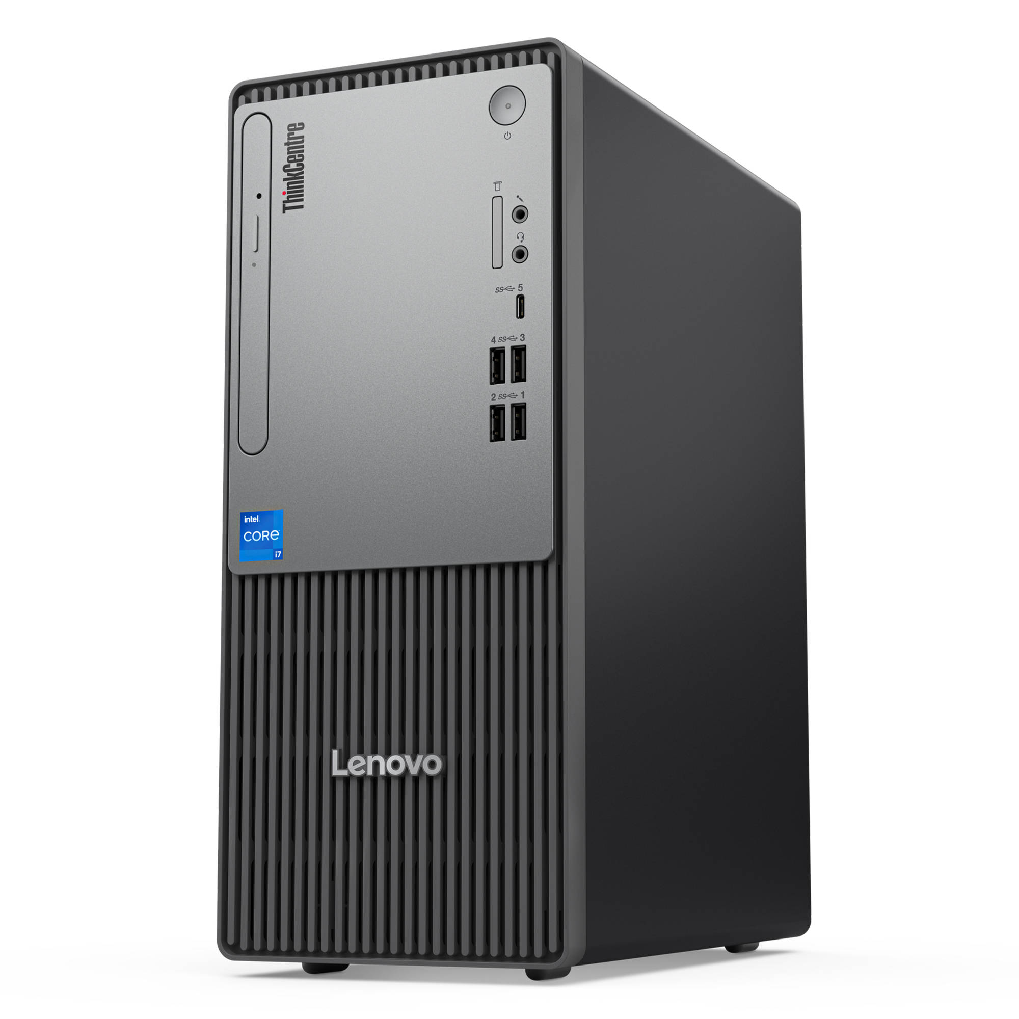 Intel Core i7 etiketi ve USB bağlantı noktaları olan gri Lenovo ThinkCentre PC.