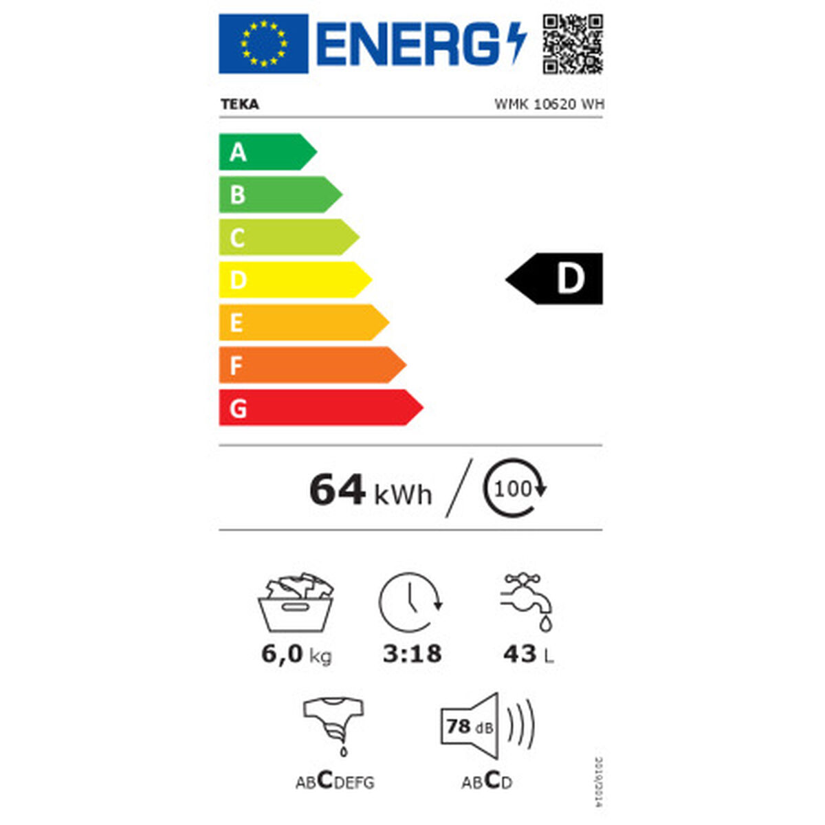 Etykieta energetyczna: TEKA WMK 10620 WH, klasa D, 64 kWh/100 cykli, 6kg, 3:18h, 43L, 78dB.