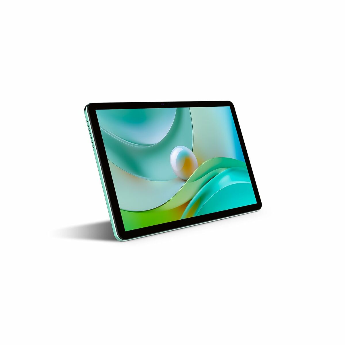 Un tablet verde chiaro con uno sfondo astratto e fluido sullo schermo.