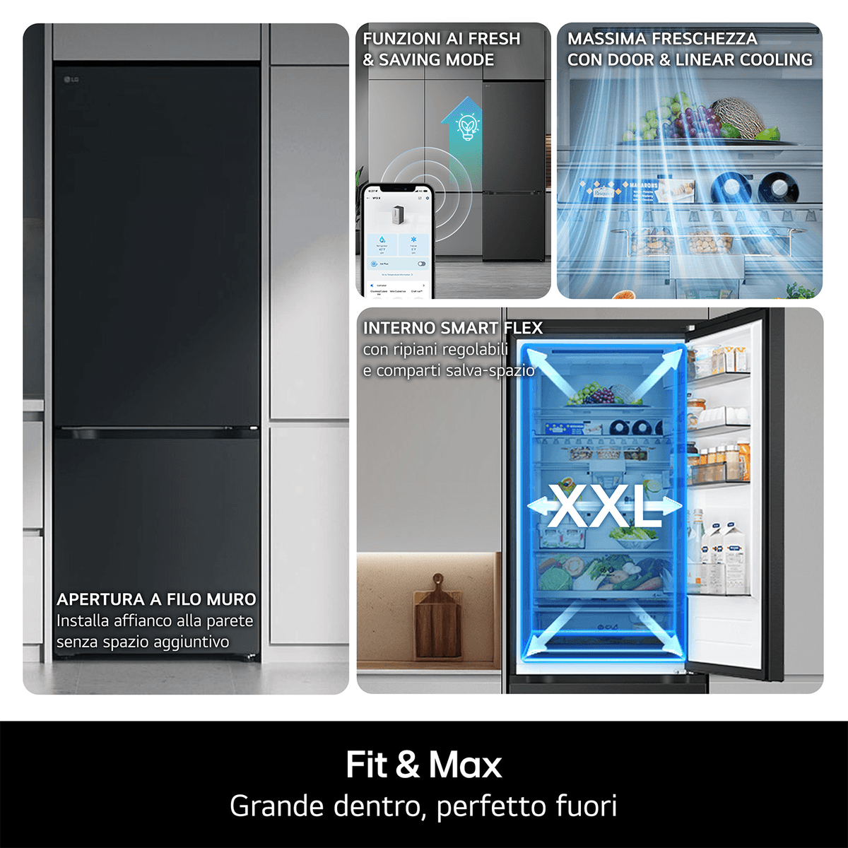 Nevera LG con diseño "Fit & Max", vistas interiores y funciones de refrigeración.