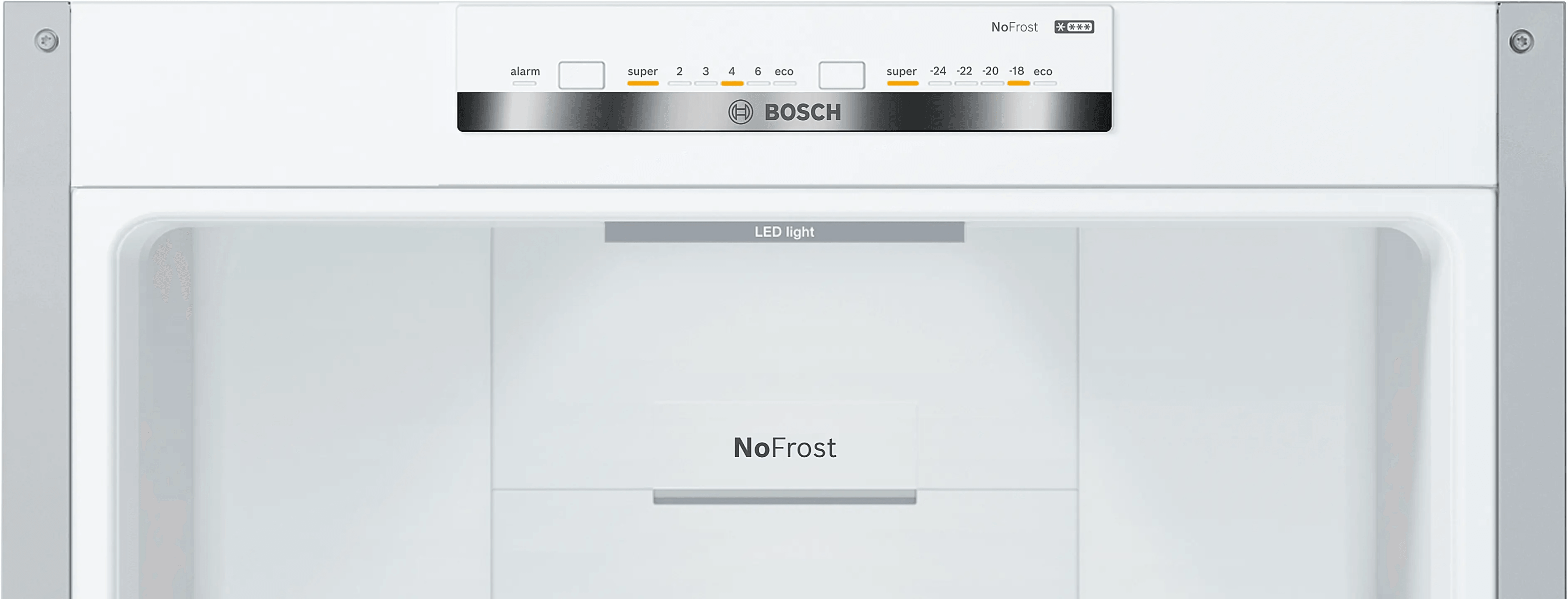 Panel de control de frigorífico Bosch con luz LED e indicador NoFrost.