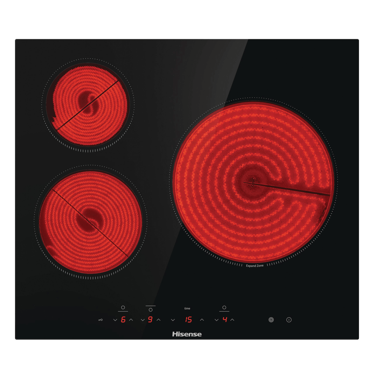 Piano cottura nero con tre resistenze rosse e controlli digitali.