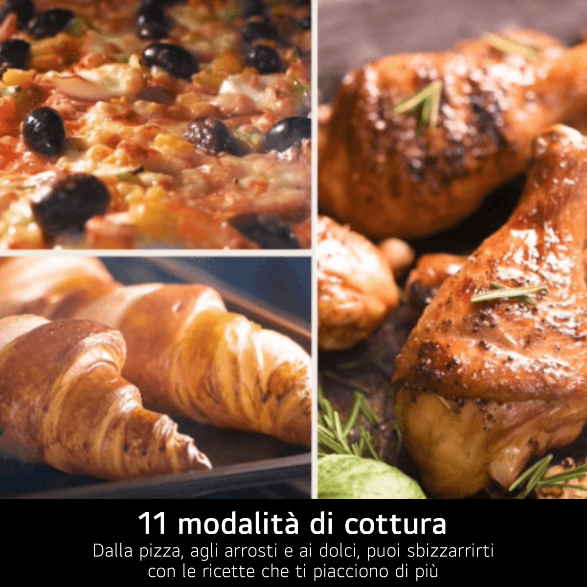 Collage de pizza, muslos de pollo y croissants.
