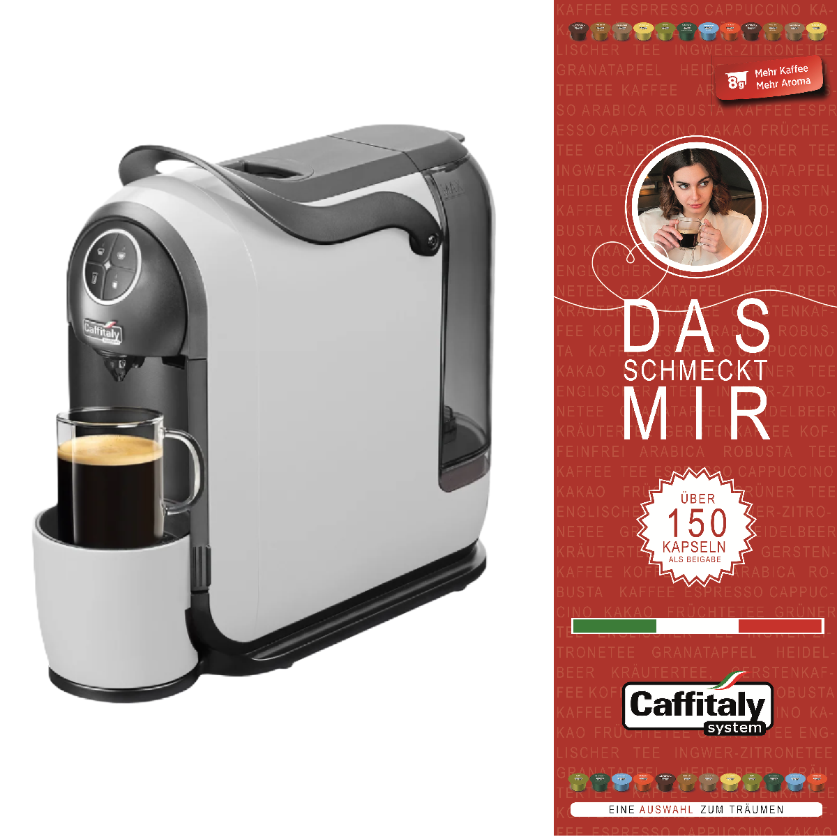 Caffitaly Kaffeemaschine mit Tasse Kaffee, daneben Text und Bilder von Kapseln.