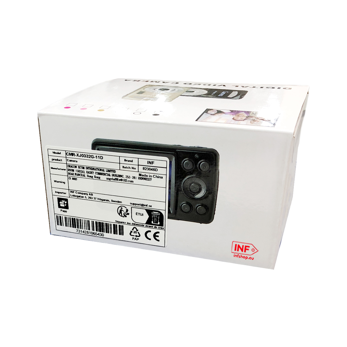 Opakowanie aparatu cyfrowego z numerem modelu i danymi producenta.