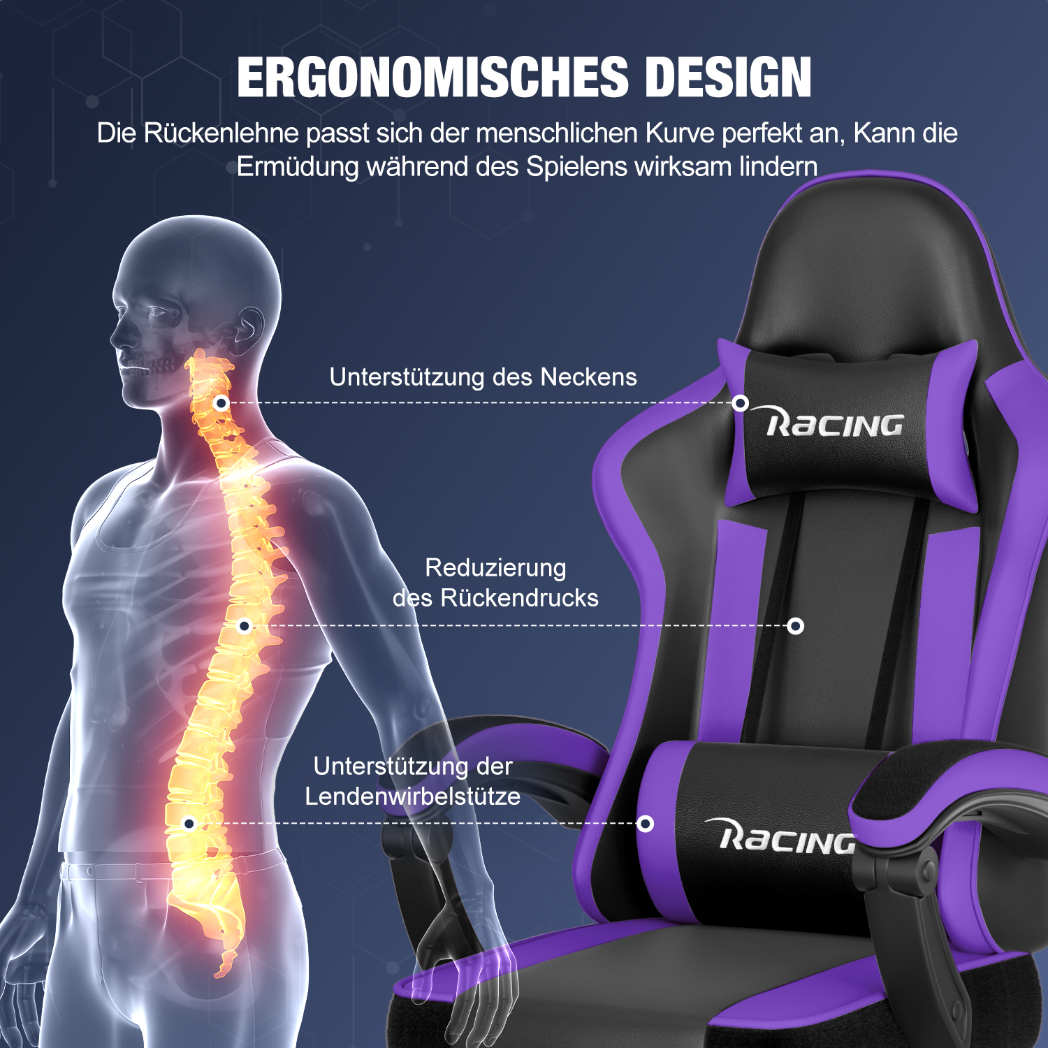 Ergonomisches Design: Menschliche Wirbelsäule mit Stützpunkten und lila/schwarzer Gaming-Stuhl.