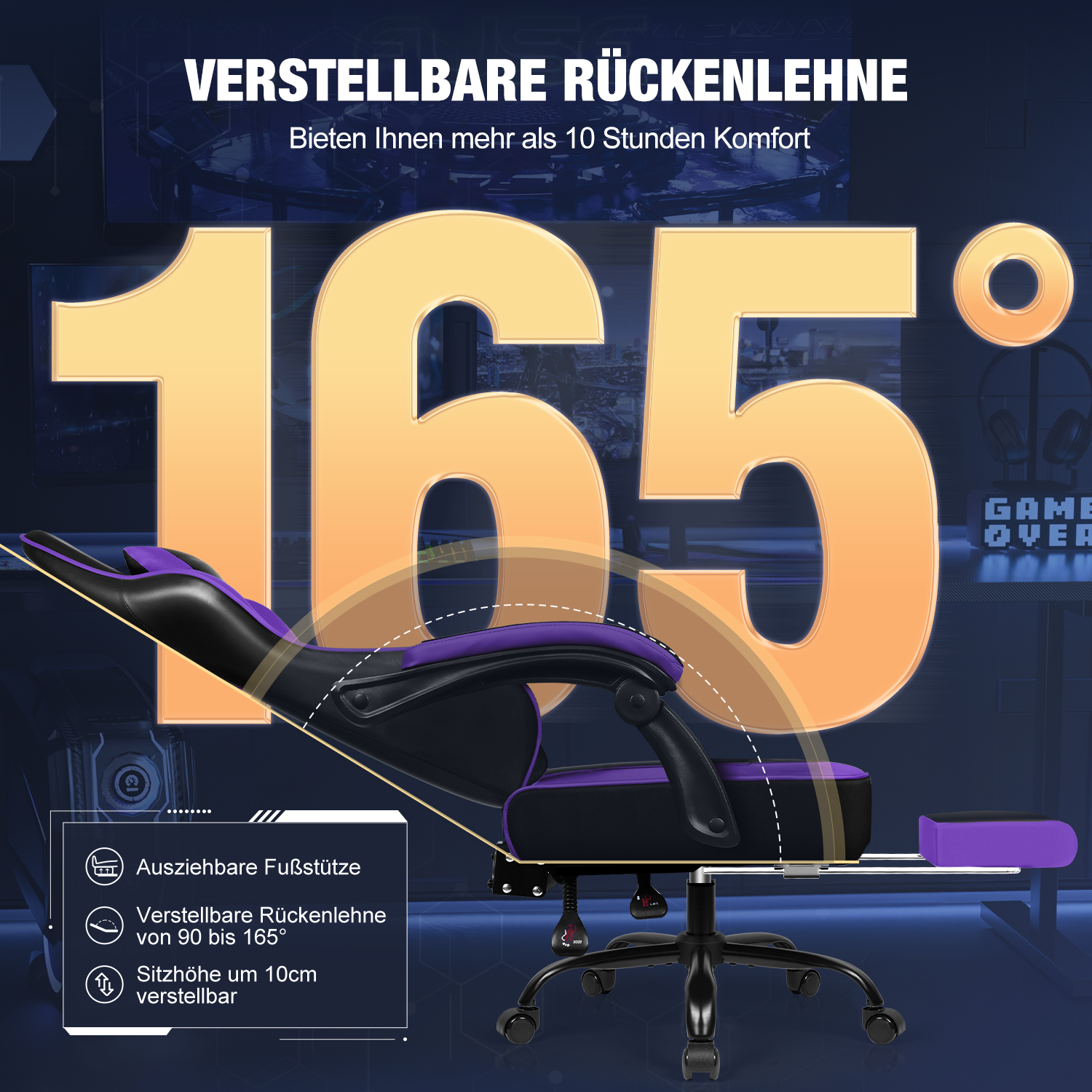 Gamingstuhl mit verstellbarer Rückenlehne bis 165 Grad und ausziehbarer Fußstütze.