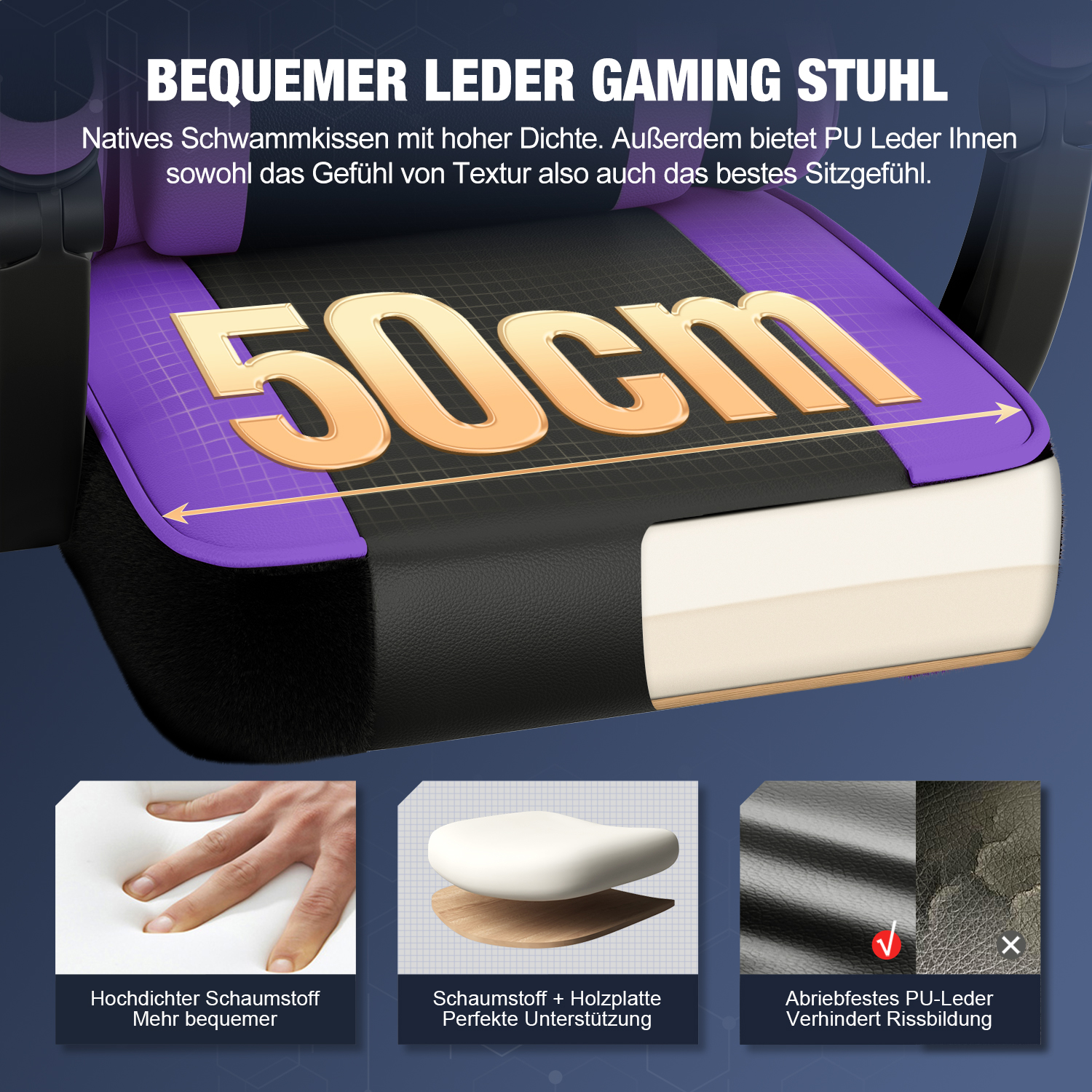Bequemer Gaming-Stuhl mit 50cm Sitzfläche, Schaumstoff & PU-Leder.