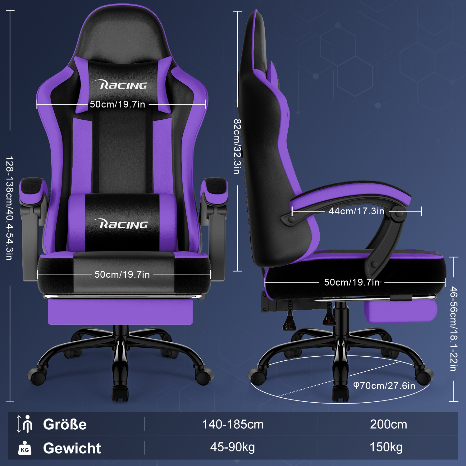 Lila und schwarzer Gaming-Stuhl mit Maßen und Gewichtsangaben.