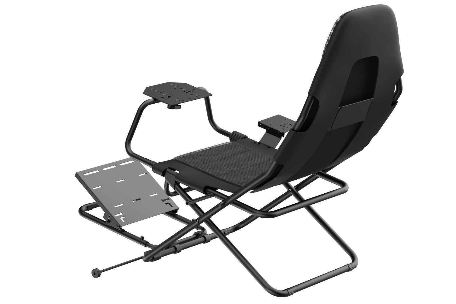 Una silla negra de simulador de carreras con pedales y soporte para volante sobre fondo negro.