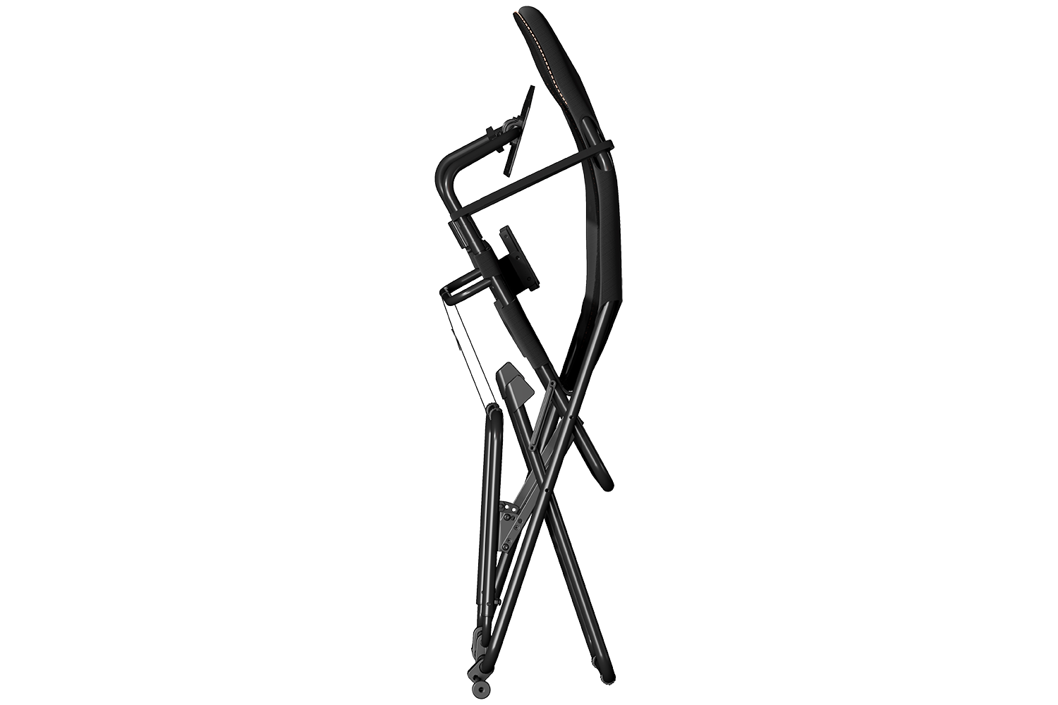 Una silla de fitness plegable negra con ruedas y respaldo ajustable.