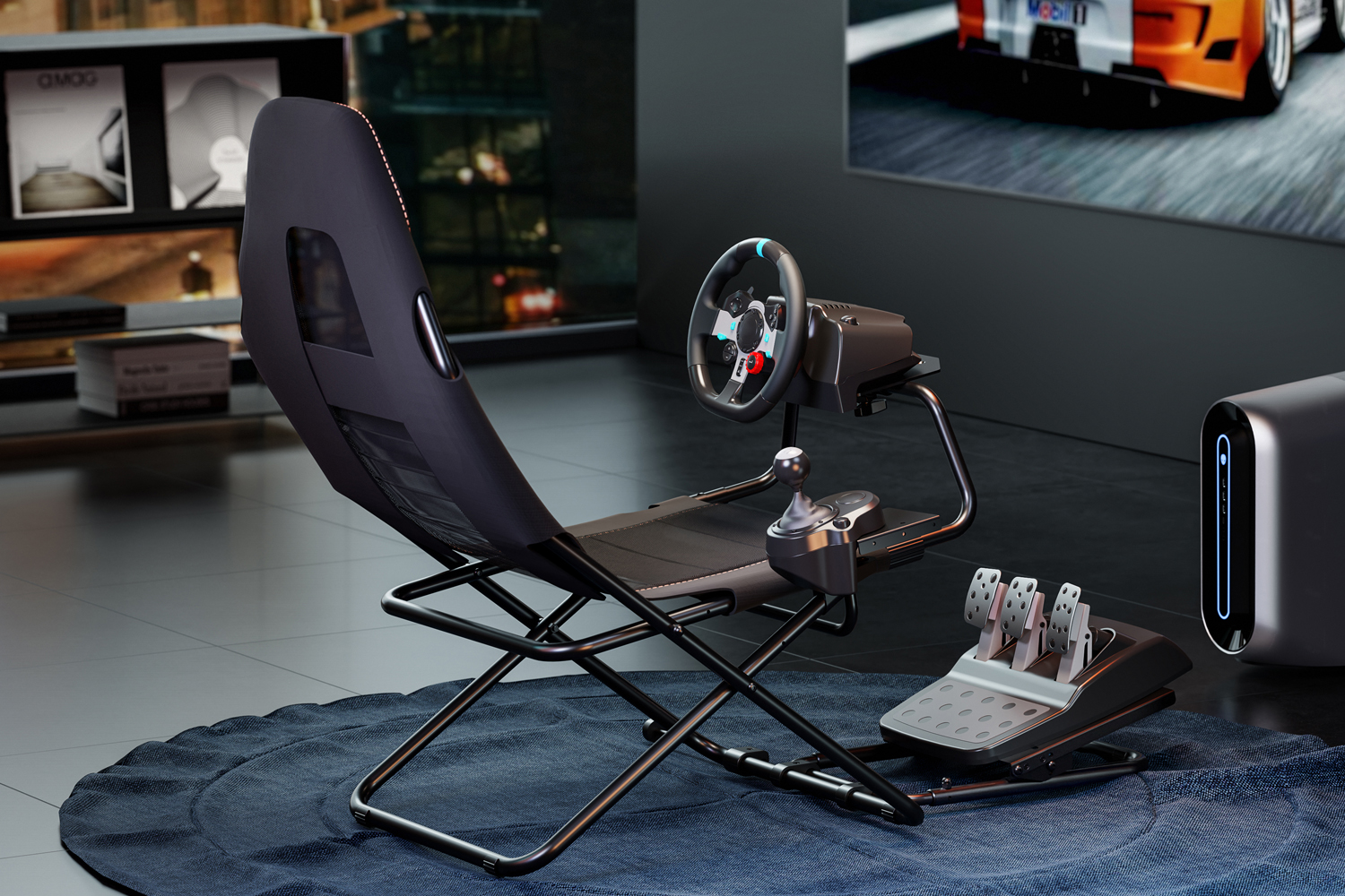 Silla gaming con volante, palanca y pedales, frente a una pantalla.