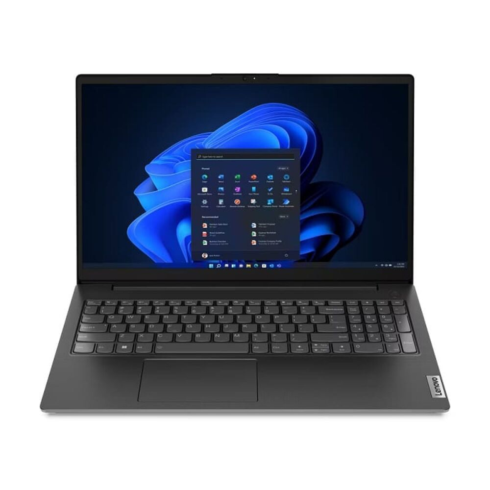 Windows 11 başlangıç menüsünü gösteren açık siyah bir dizüstü bilgisayar.