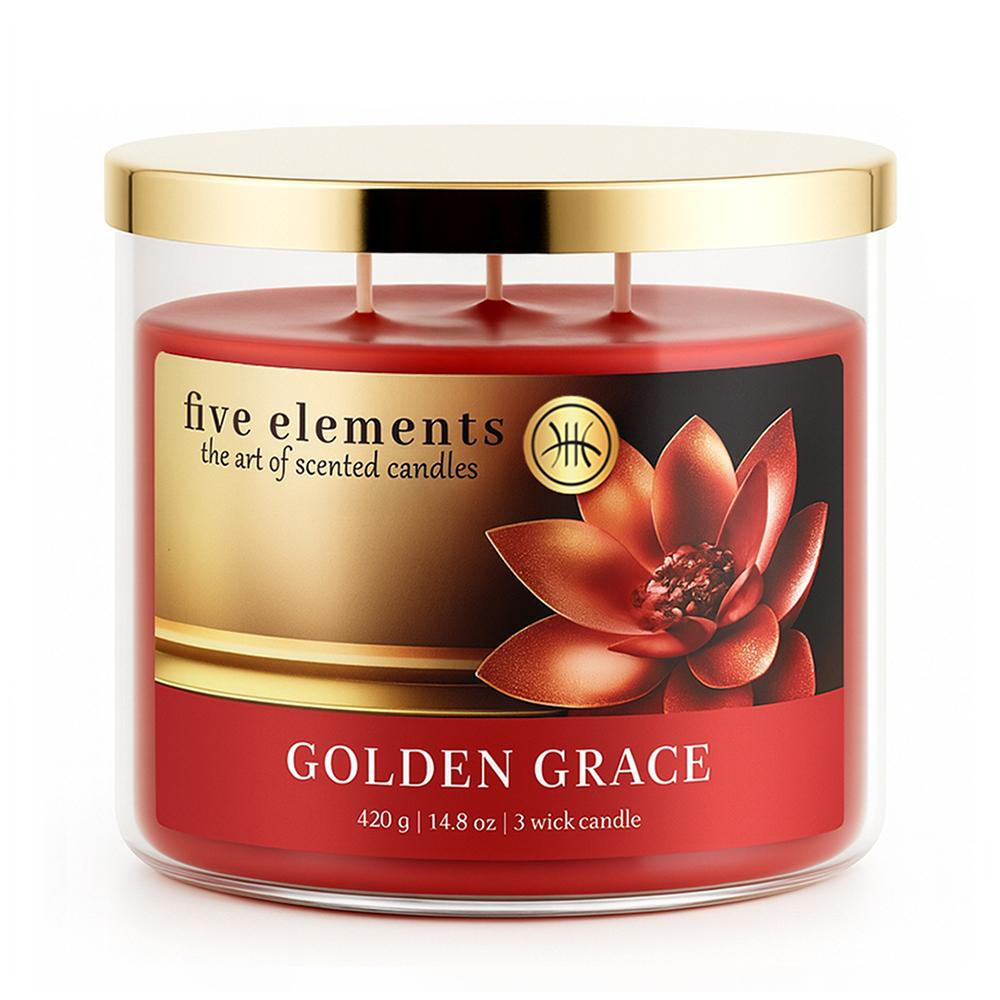 Rote Kerze mit goldfarbenem Deckel und Blumenmuster. Name: Golden Grace.