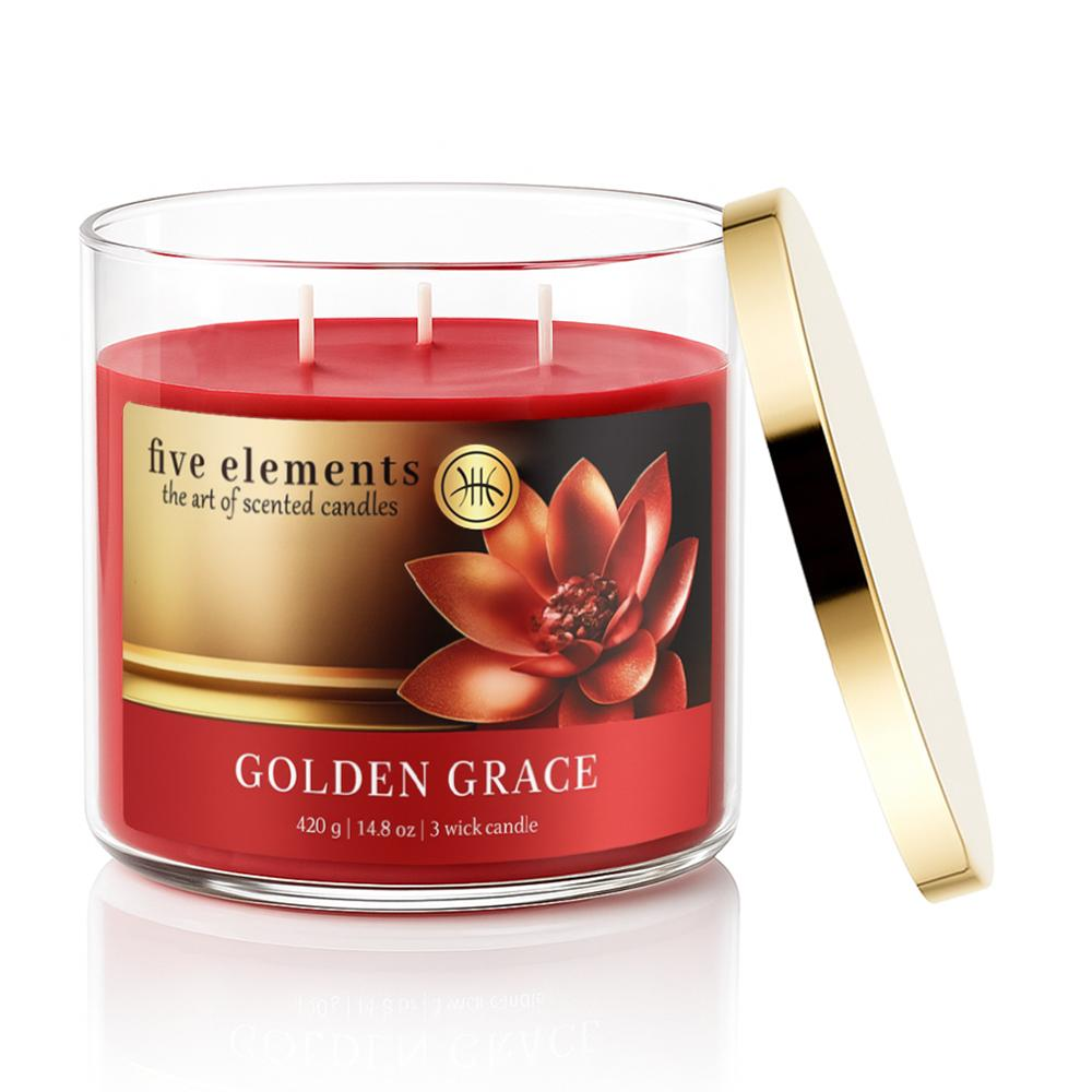 Rote Duftkerze mit drei Dochten und goldenem Deckel, "Golden Grace".