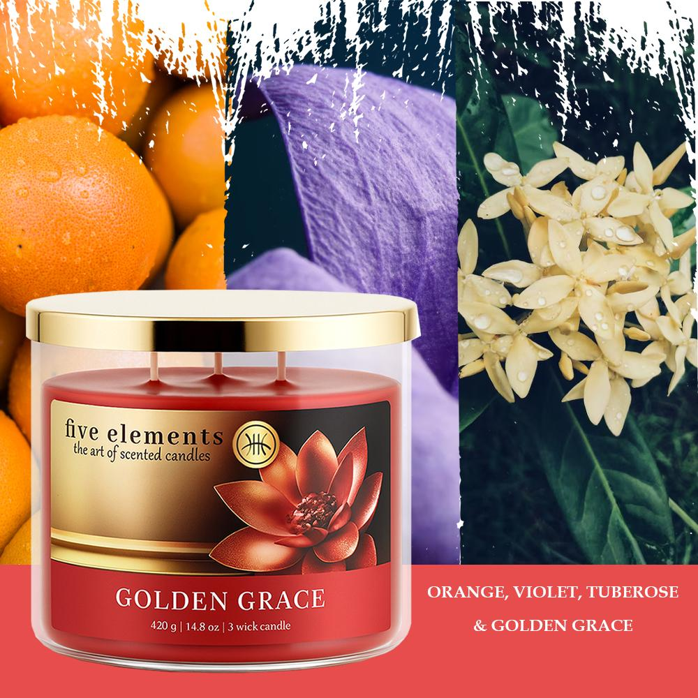 Kerze mit drei Dochten, Duft "Golden Grace", Orangen, Veilchen und Tuberose.