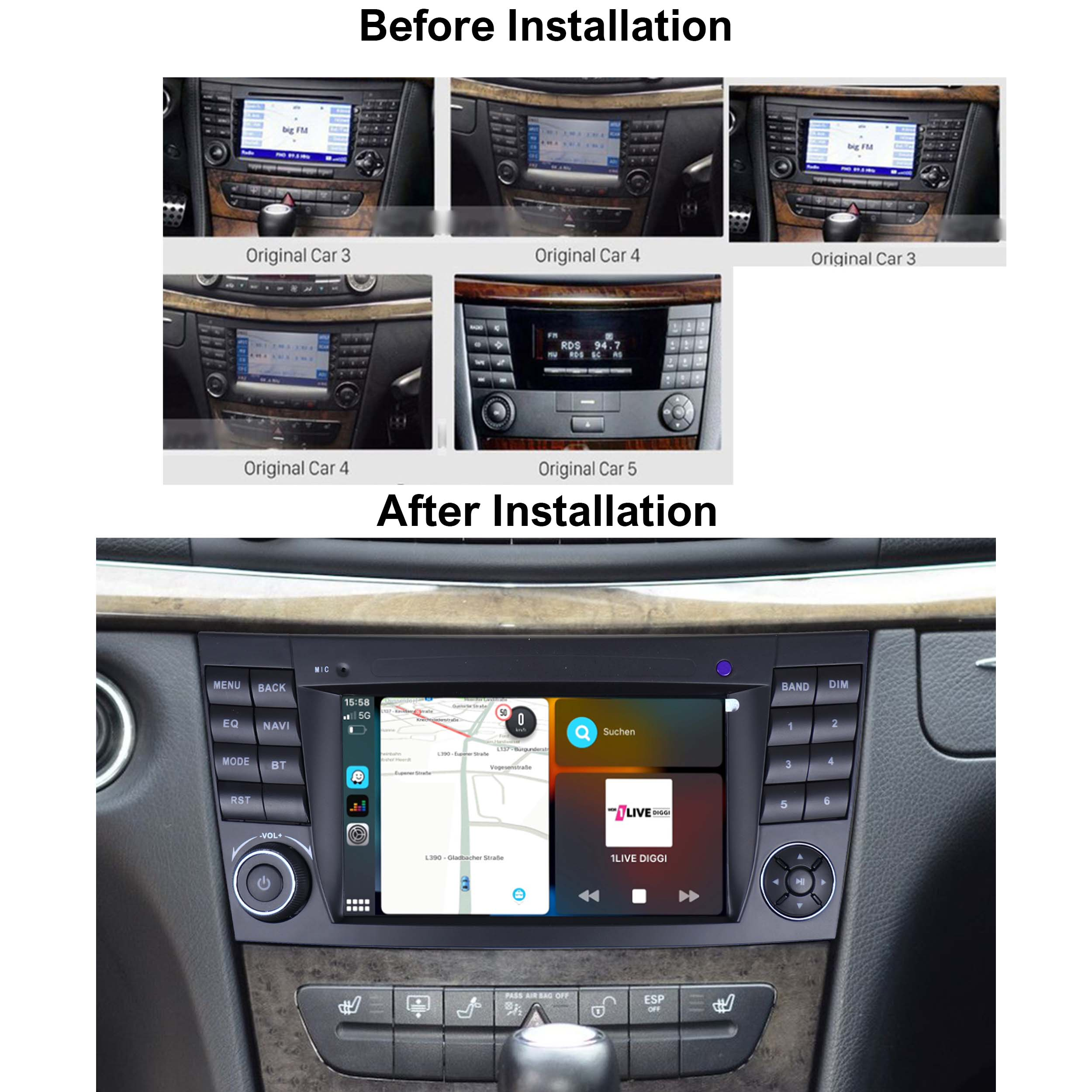 Vorher/Nachher-Vergleich eines Auto-Infotainmentsystems mit Karten- und Musik-Apps.