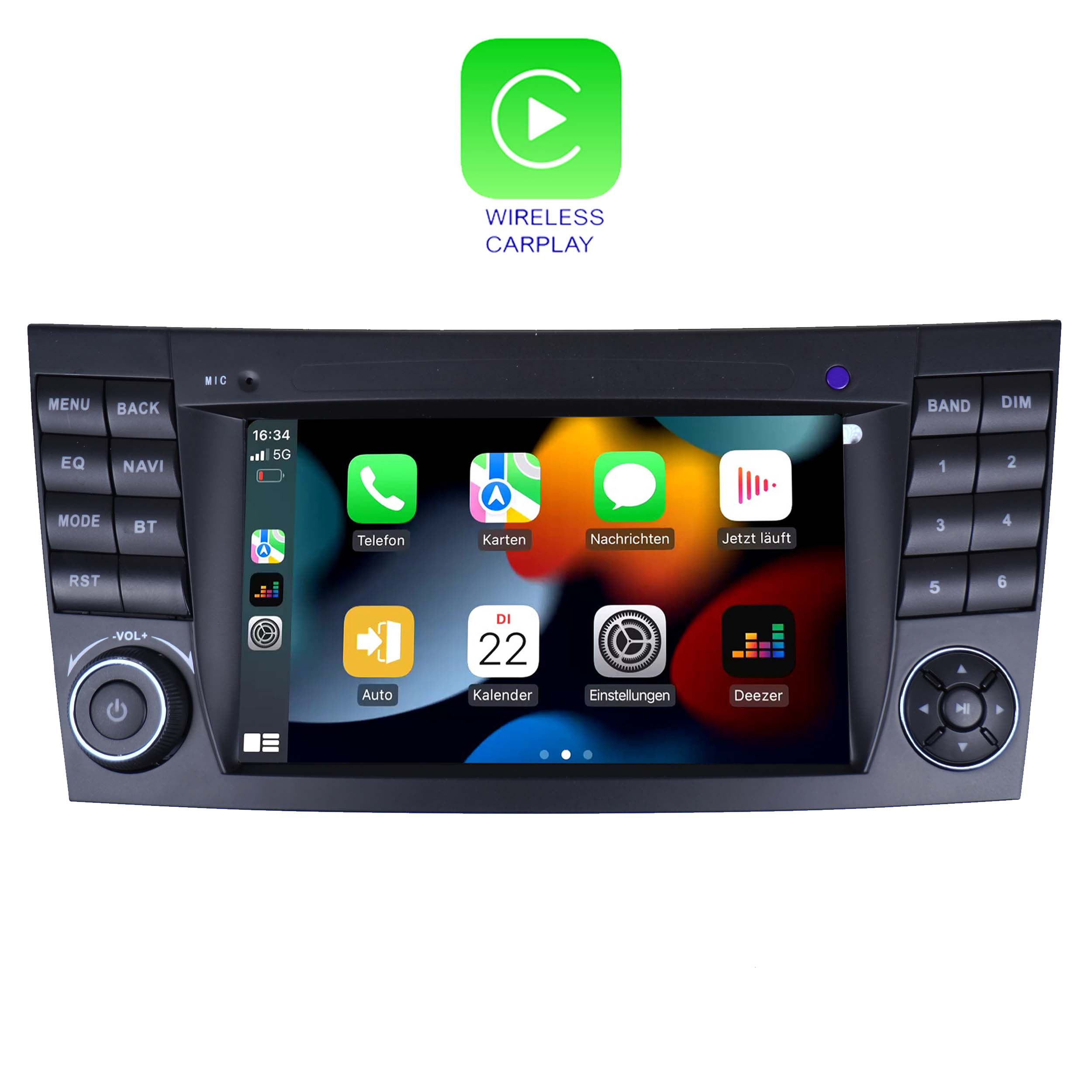Ein Autoradio mit Touchscreen zeigt die "Wireless CarPlay"-Oberfläche mit App-Symbolen.