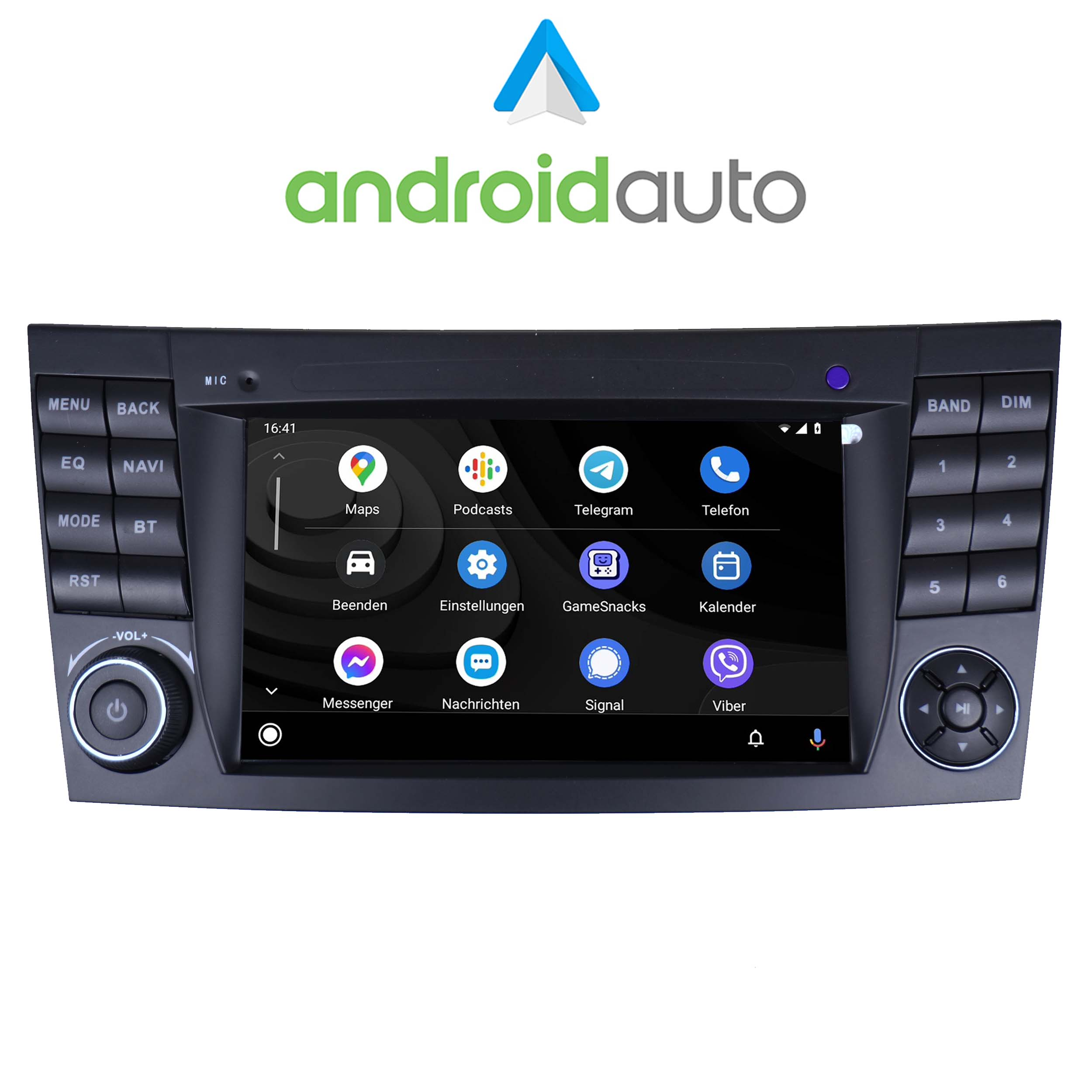 Android Auto-System mit Navigation und App-Symbolen auf dem Bildschirm und Tasten.