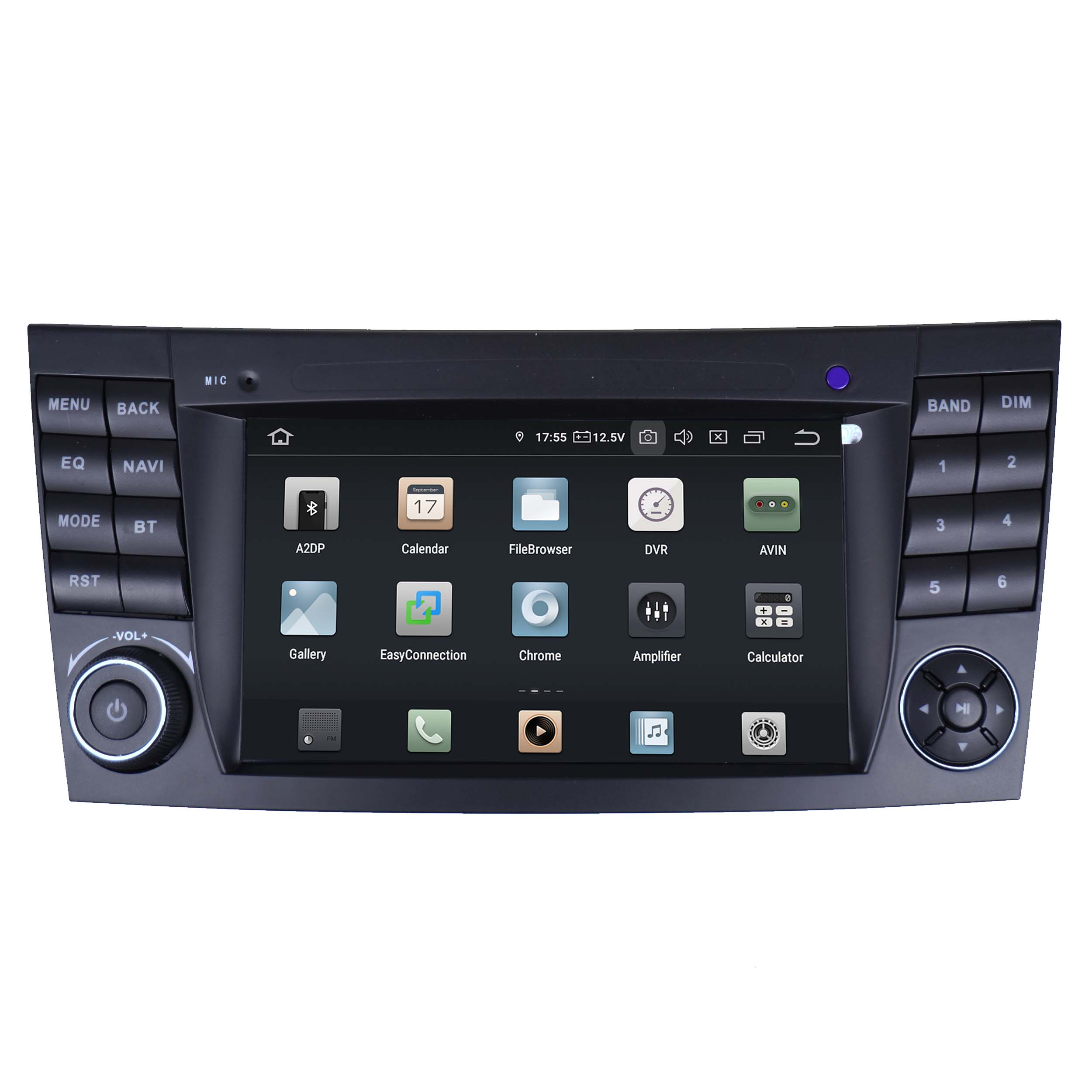 Ein Autoradio-Touchscreen mit Apps wie Kalender, Galerie und Musik.