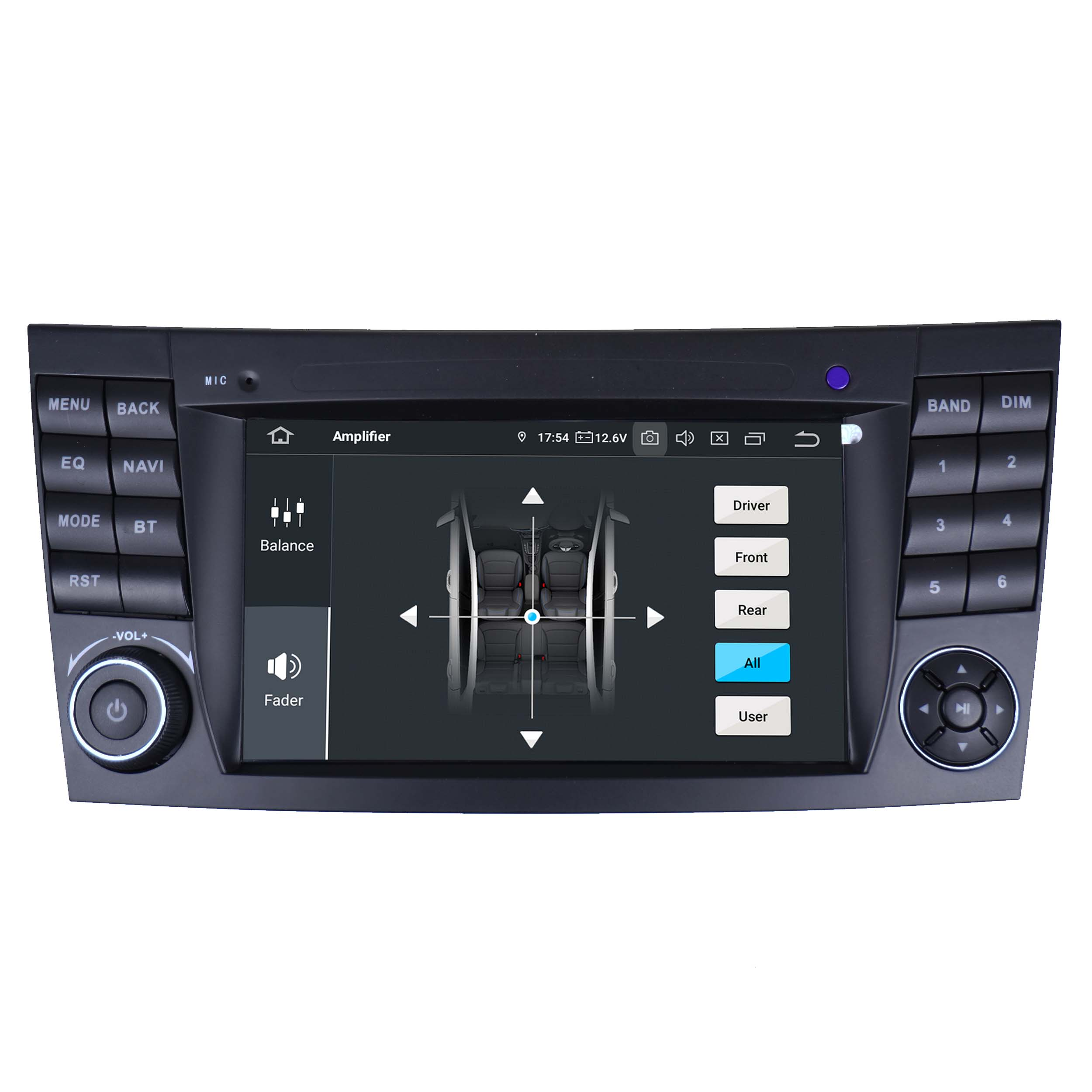 Ein Autoradio-Display mit Audioeinstellungen und Tasten.