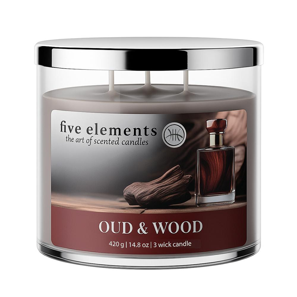Dreidocht-Kerze Oud & Wood in einem Glasbehälter mit Silberdeckel.