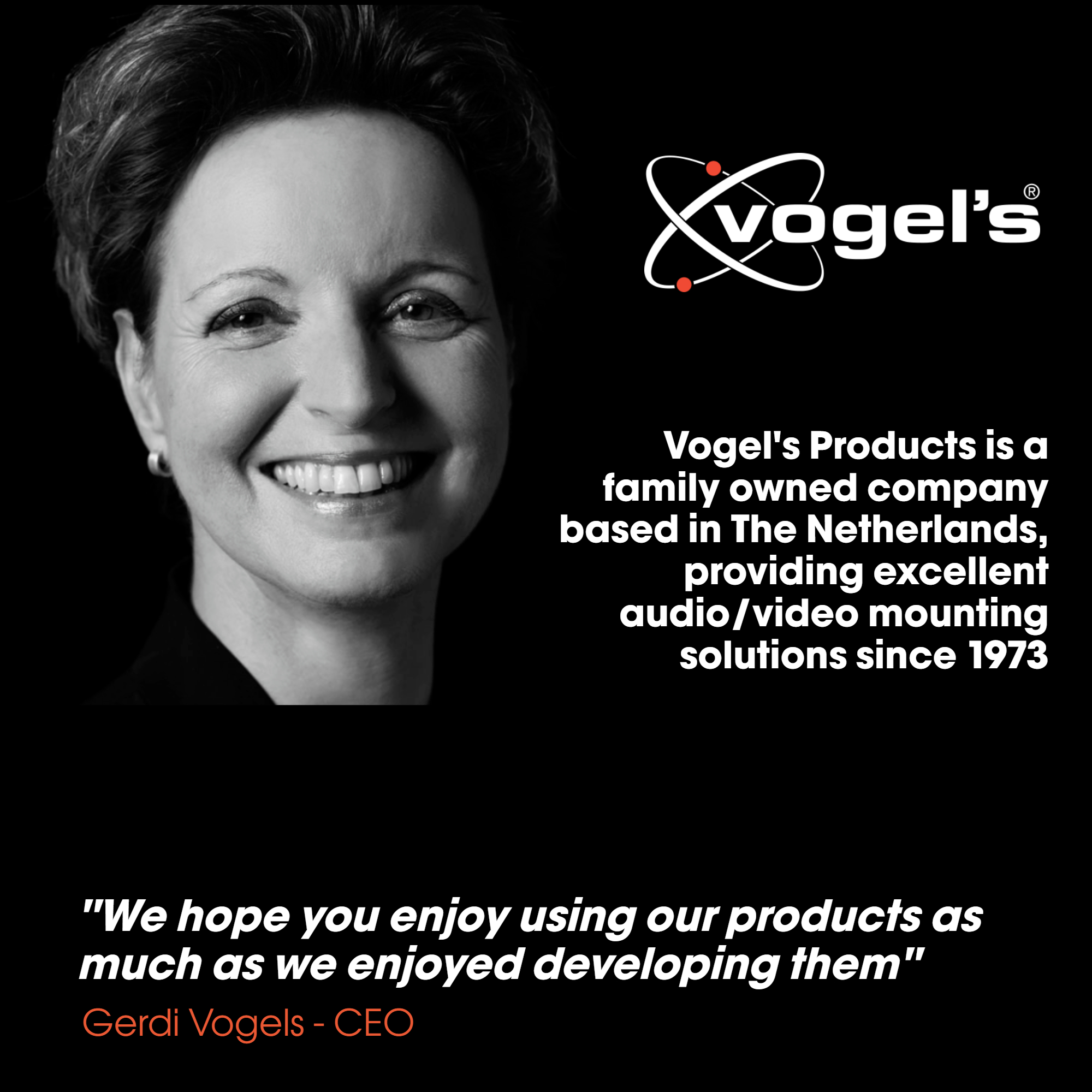 Porträt von Gerdi Vogels, CEO von Vogel's, mit Logo und Firmenbeschreibung.