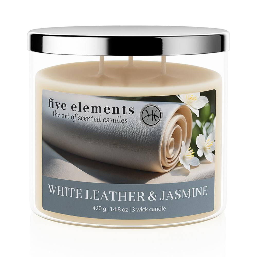 Dreifachdochtkerze mit weißem Leder- und Jasminduft, 420g, in Glasbehälter.