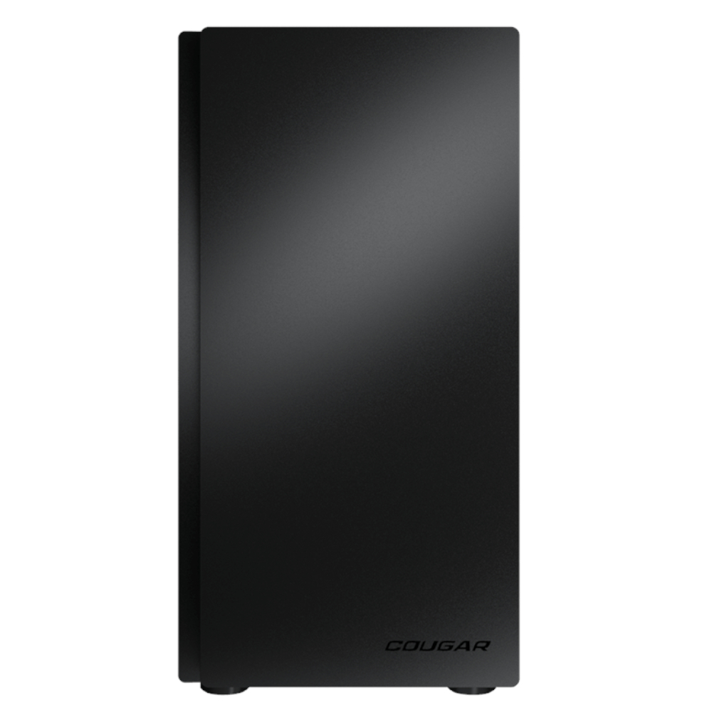 Una caja de ordenador negra con el logo de COUGAR en el panel frontal.