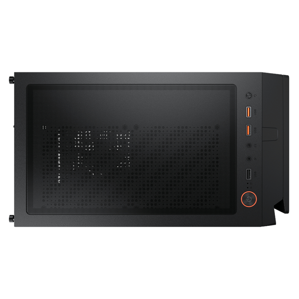 Torre de computadora negra con panel frontal perforado y puertos USB laterales.
