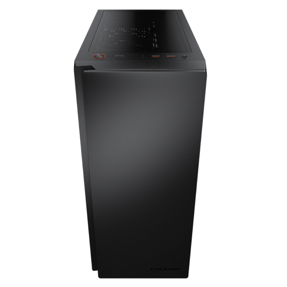 Caja de ordenador negra con tapa de cristal y puertos frontales.