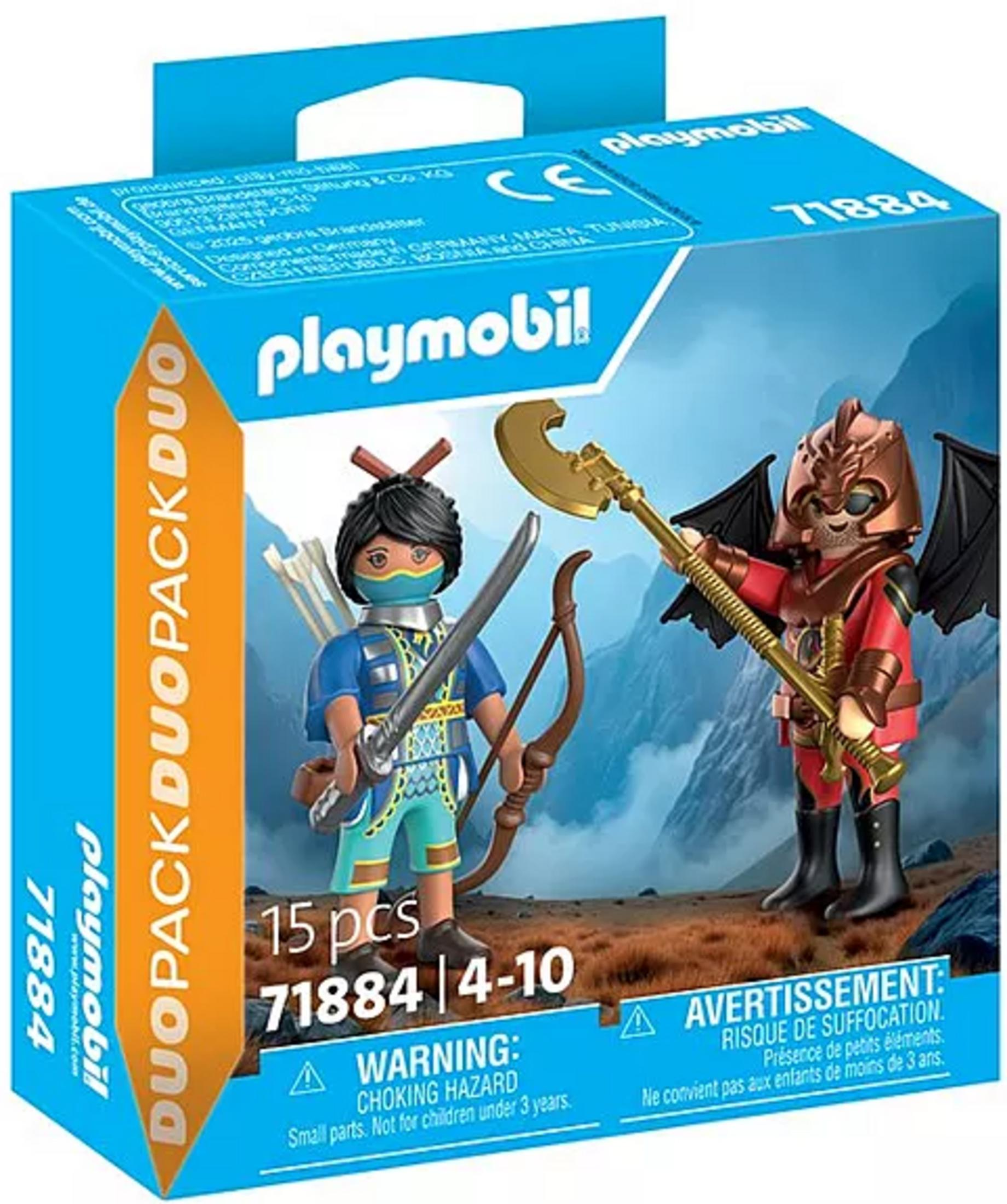 Playmobil kutusu iki figür içerir: yay ve kılıçlı savaşçı ve baltalı kanatlı yaratık.