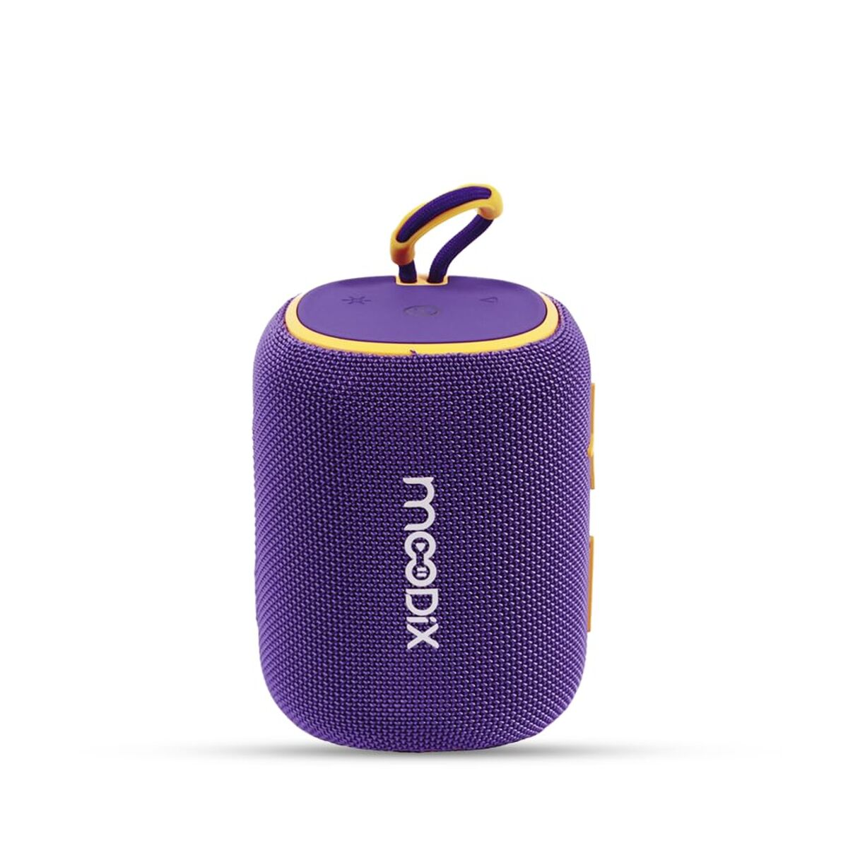 Sarı kenarlı ve askılı mor hoparlör. 'moodix' markası görünür.