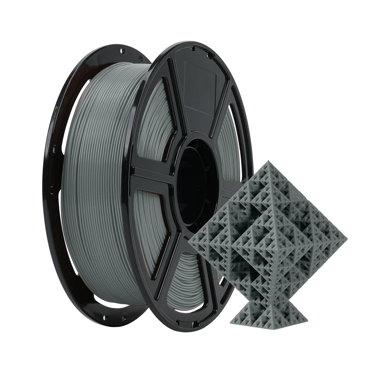 Gri 3D yazıcı filament makarası, gri fraktal küpün yanında.