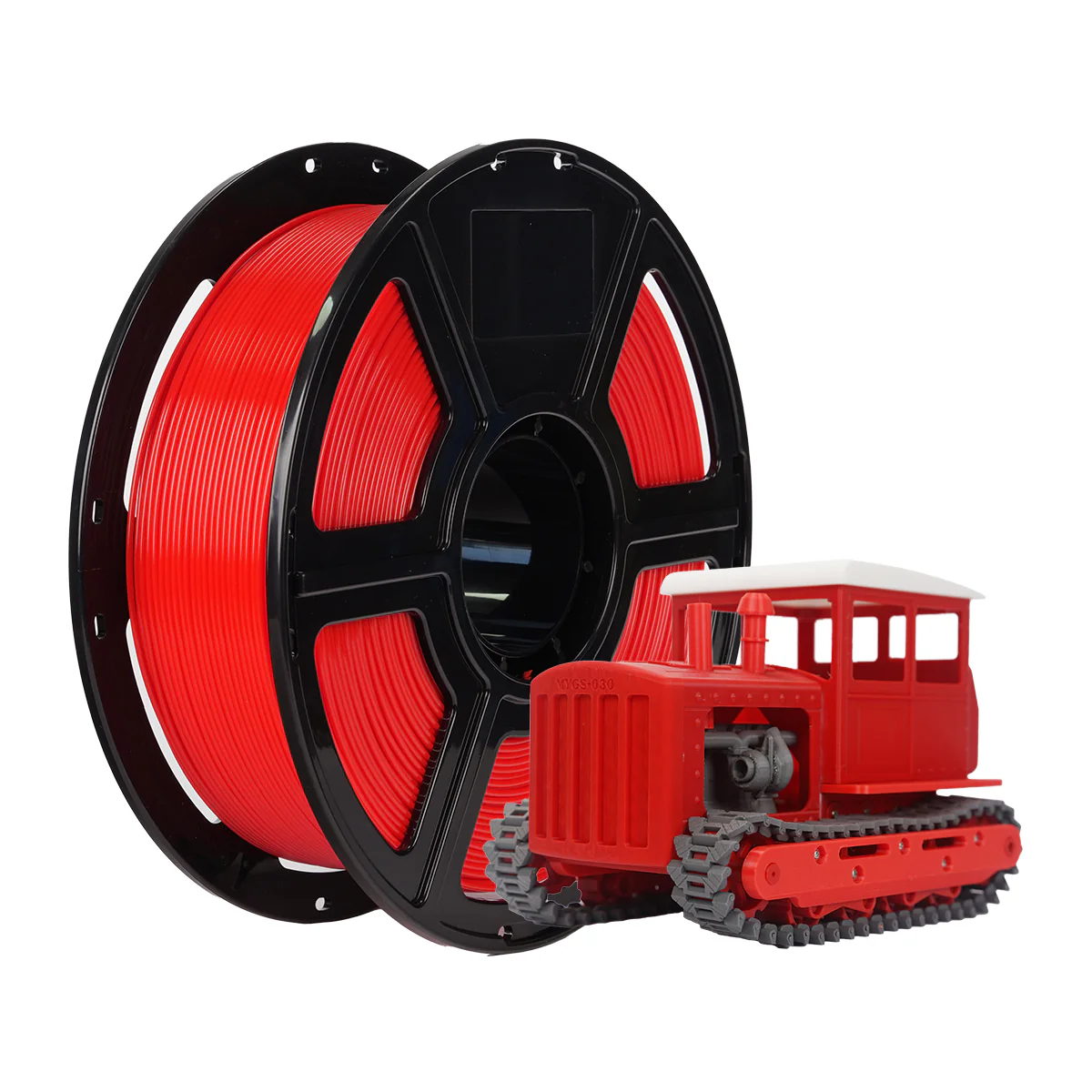 Kırmızı 3D yazıcı filament makarası ve kırmızı oyuncak traktör beyaz arka plan.