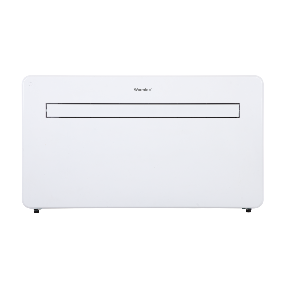 Biała chłodziarka Warmtec z czarnym otworem wentylacyjnym i srebrnymi nóżkami.