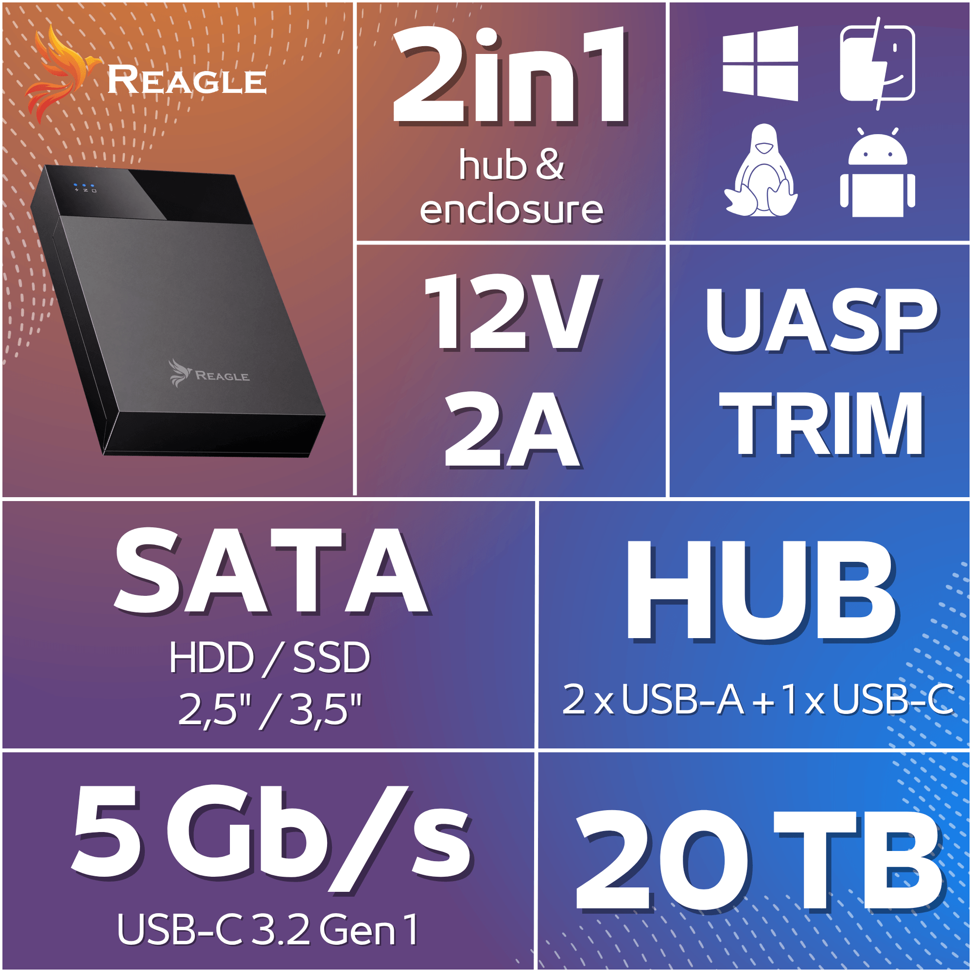 Hub i obudowa Reagle 2w1: 12V 2A, UASP TRIM, SATA HDD/SSD, 5Gb/s USB-C Gen 1, 20TB.