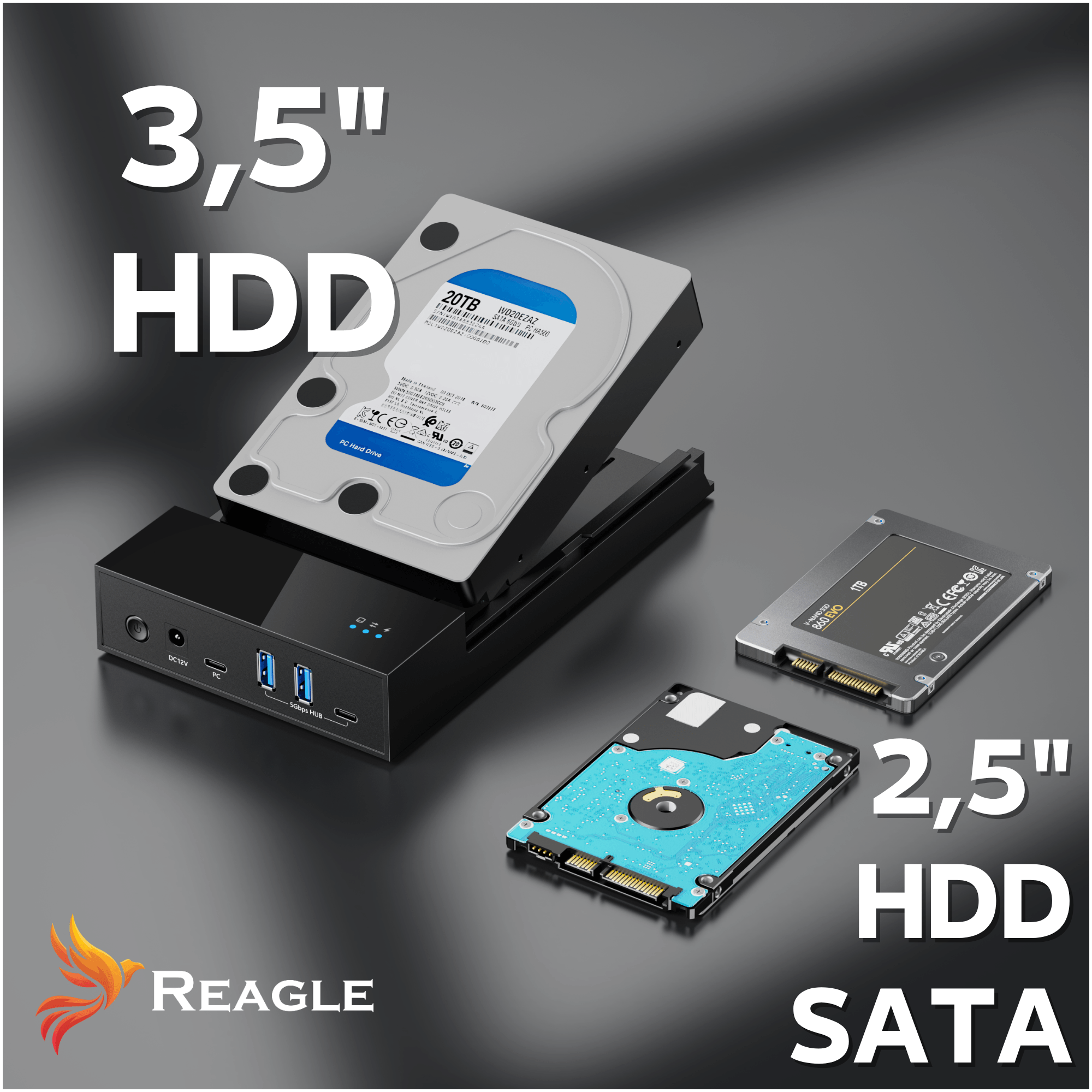 Dysk HDD 3,5 cala, dysk HDD 2,5 cala i dysk SSD na czarnym hubie stacji dokującej.