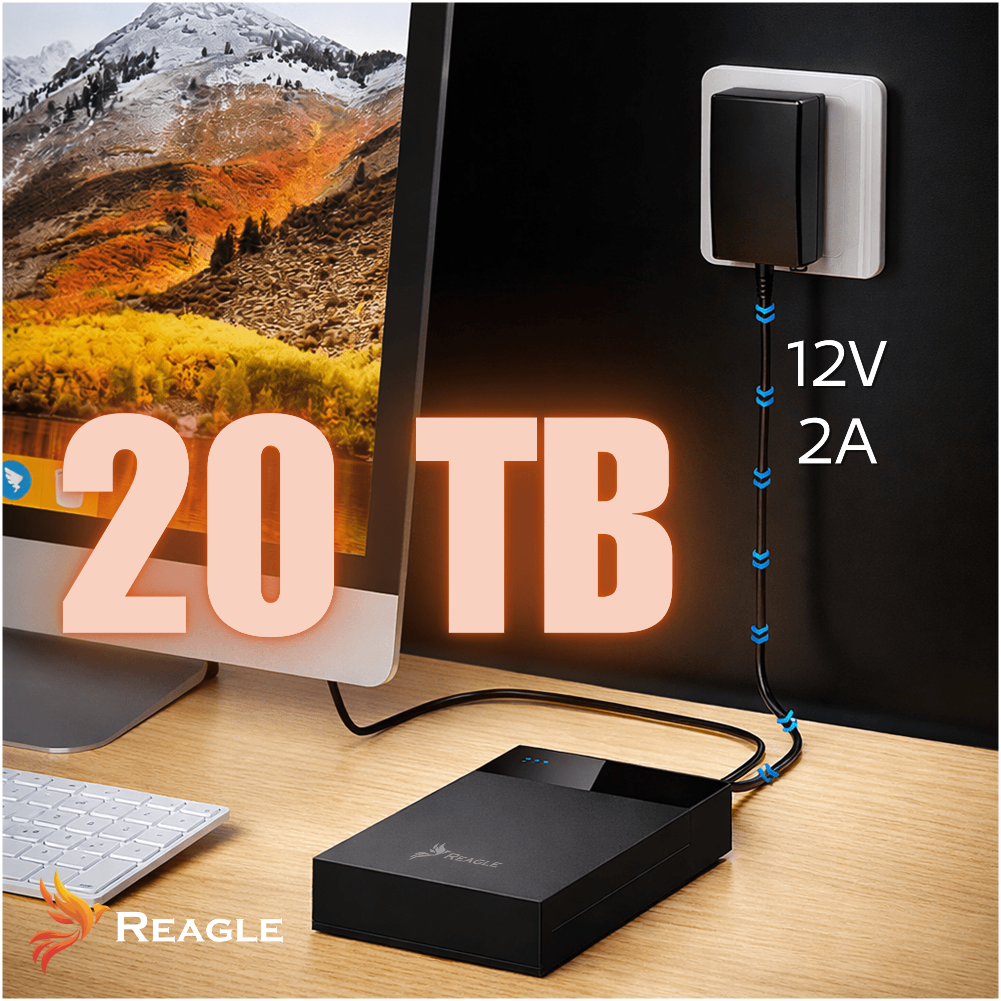 Zewnętrzny dysk 20 TB podłączony do monitora z krajobrazem górskim.