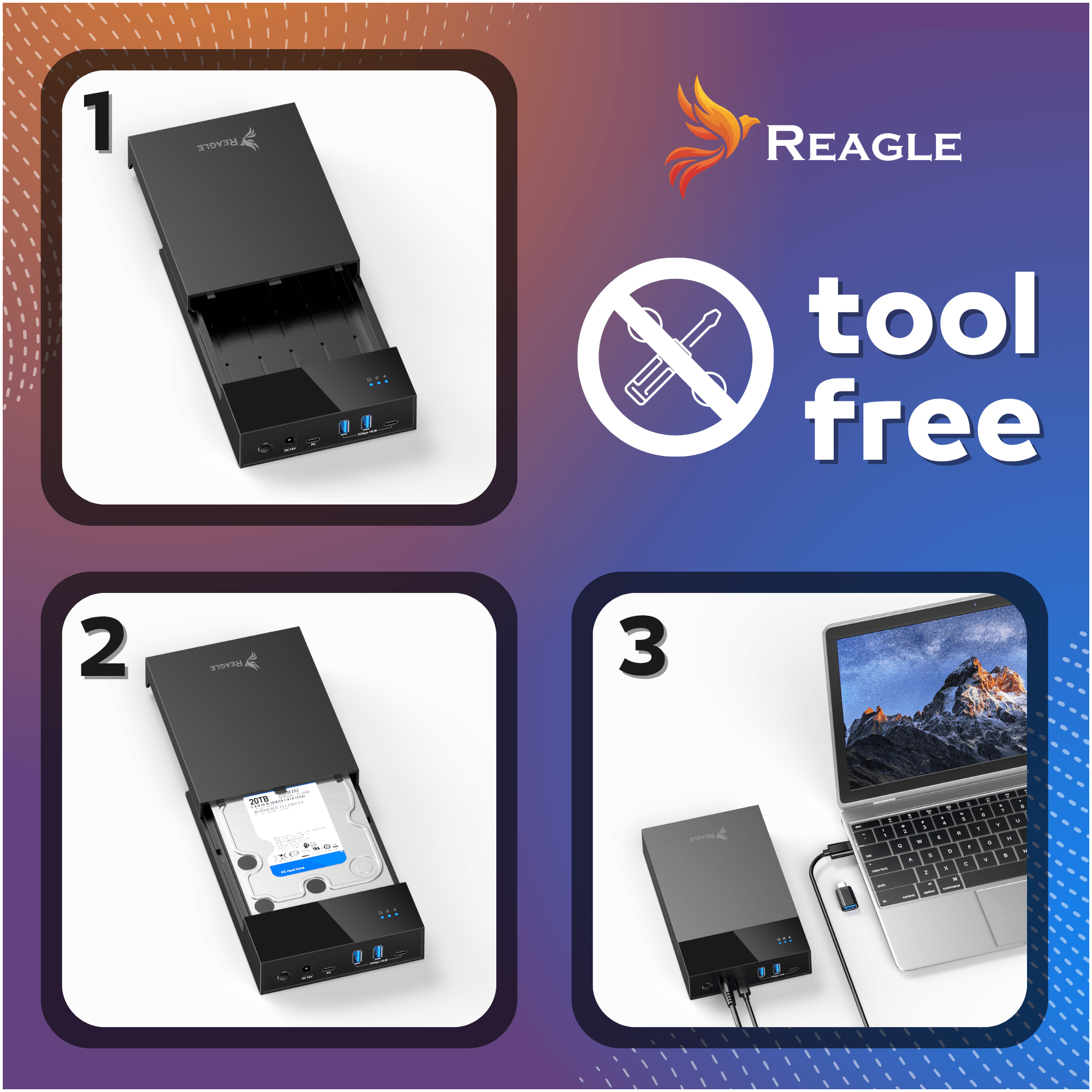 Czarne obudowy REAGLE z ikoną bez narzędzi i 3 krokami.