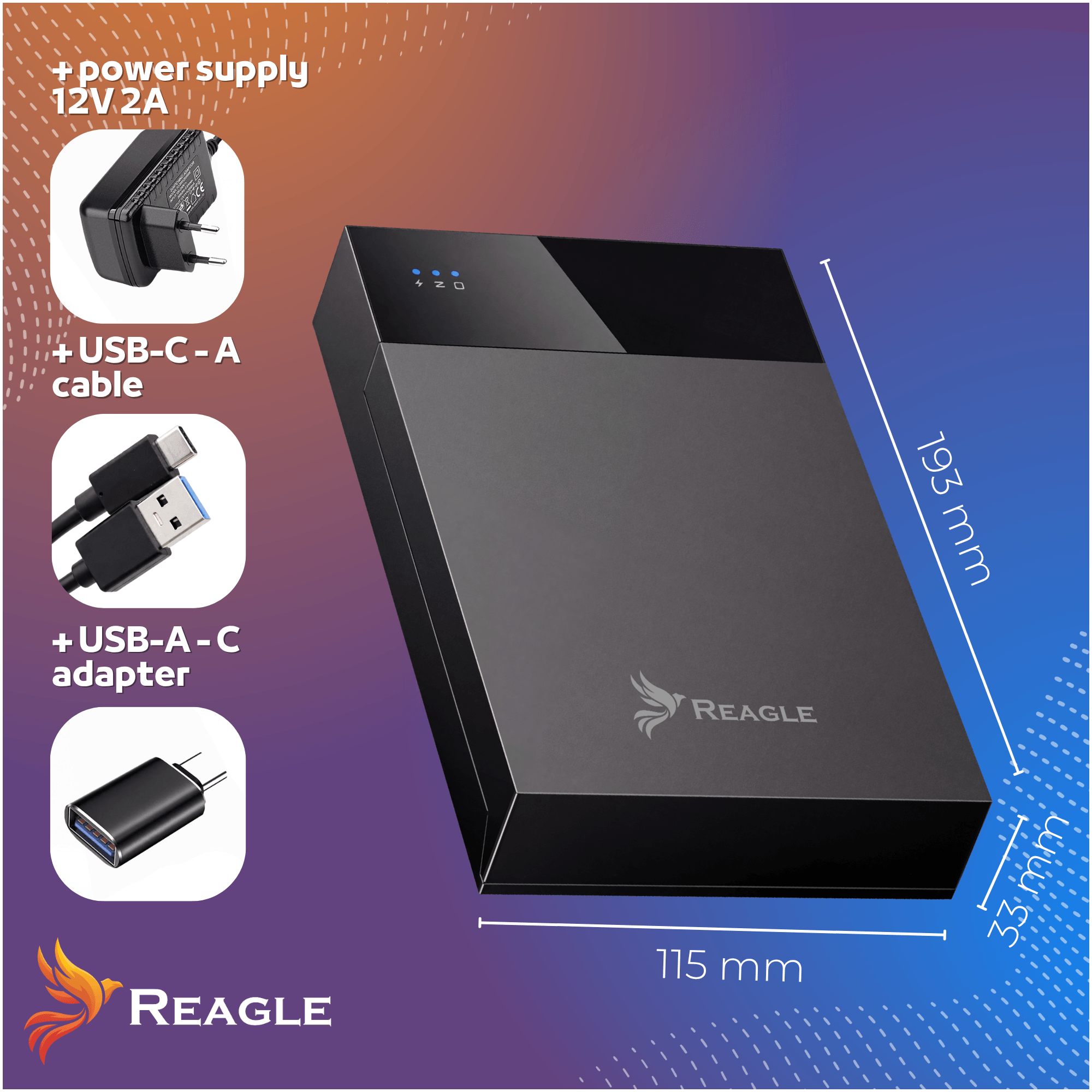 Czarna obudowa dysku twardego z akcesoriami: zasilacz, kabel USB-C-A, adapter USB-A-C.