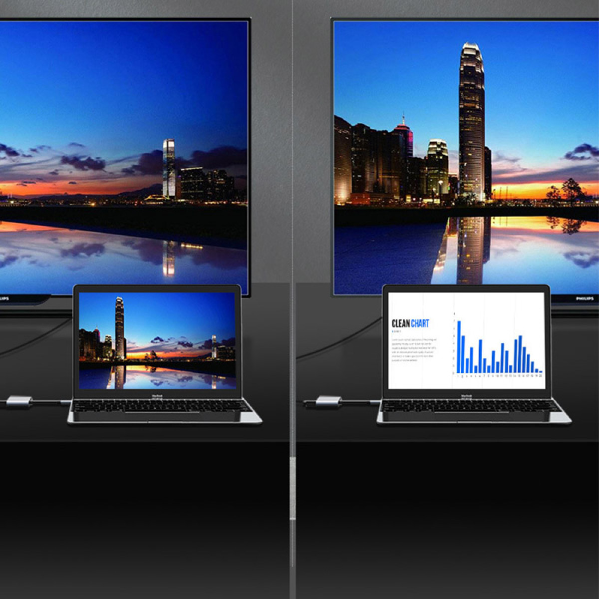 Dwa laptopy odzwierciedlają panoramę miasta na dużych ekranach o zmierzchu, jeden pokazuje panoramę, drugi wykres.