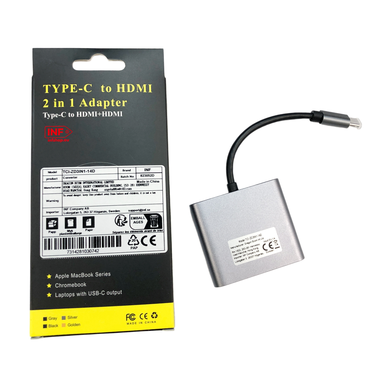 Szary adapter USB-C do HDMI z czarnym kablem i złączem USB-C.