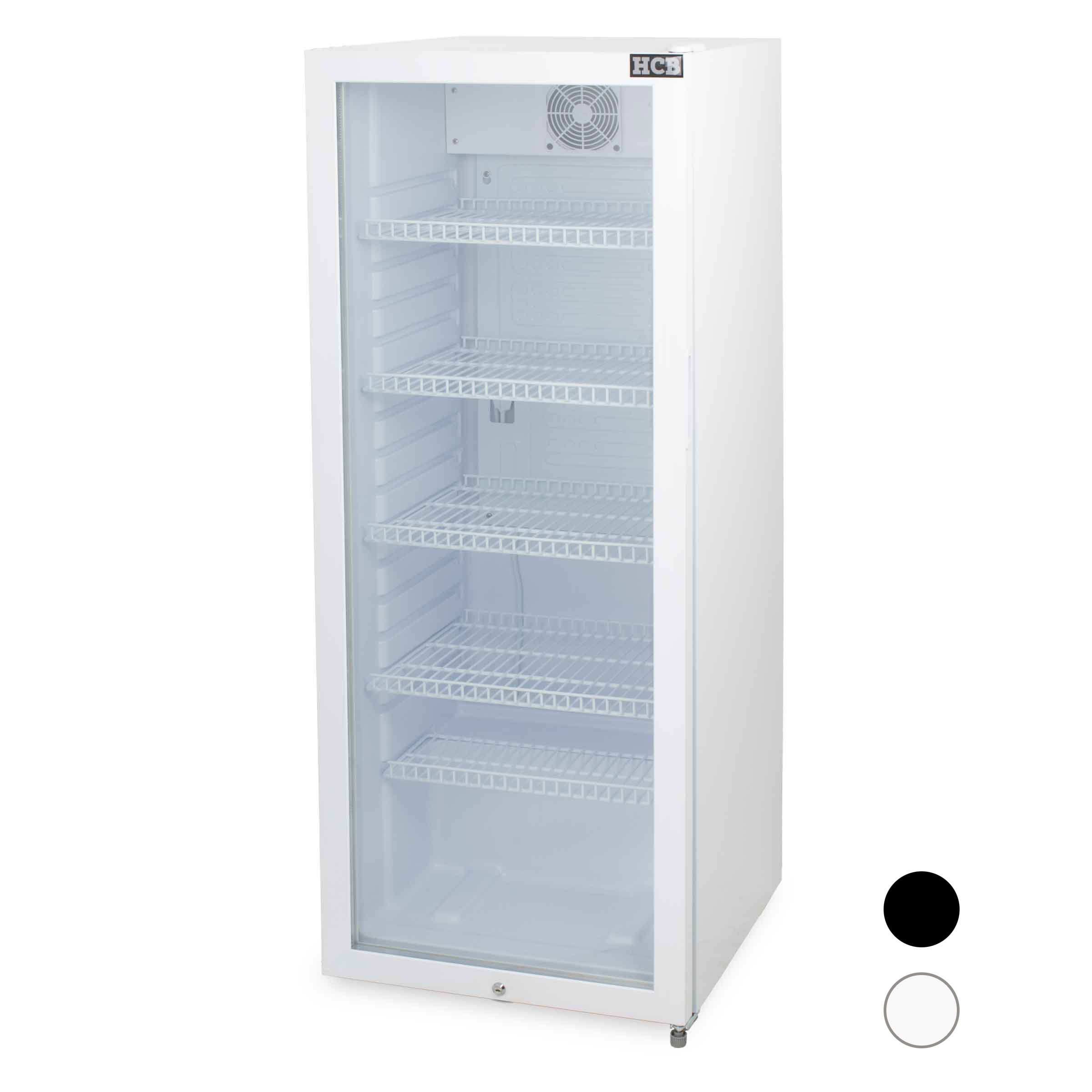 Een witte koelkast met glazen deur en vier planken. Een ventilator zit bovenin.