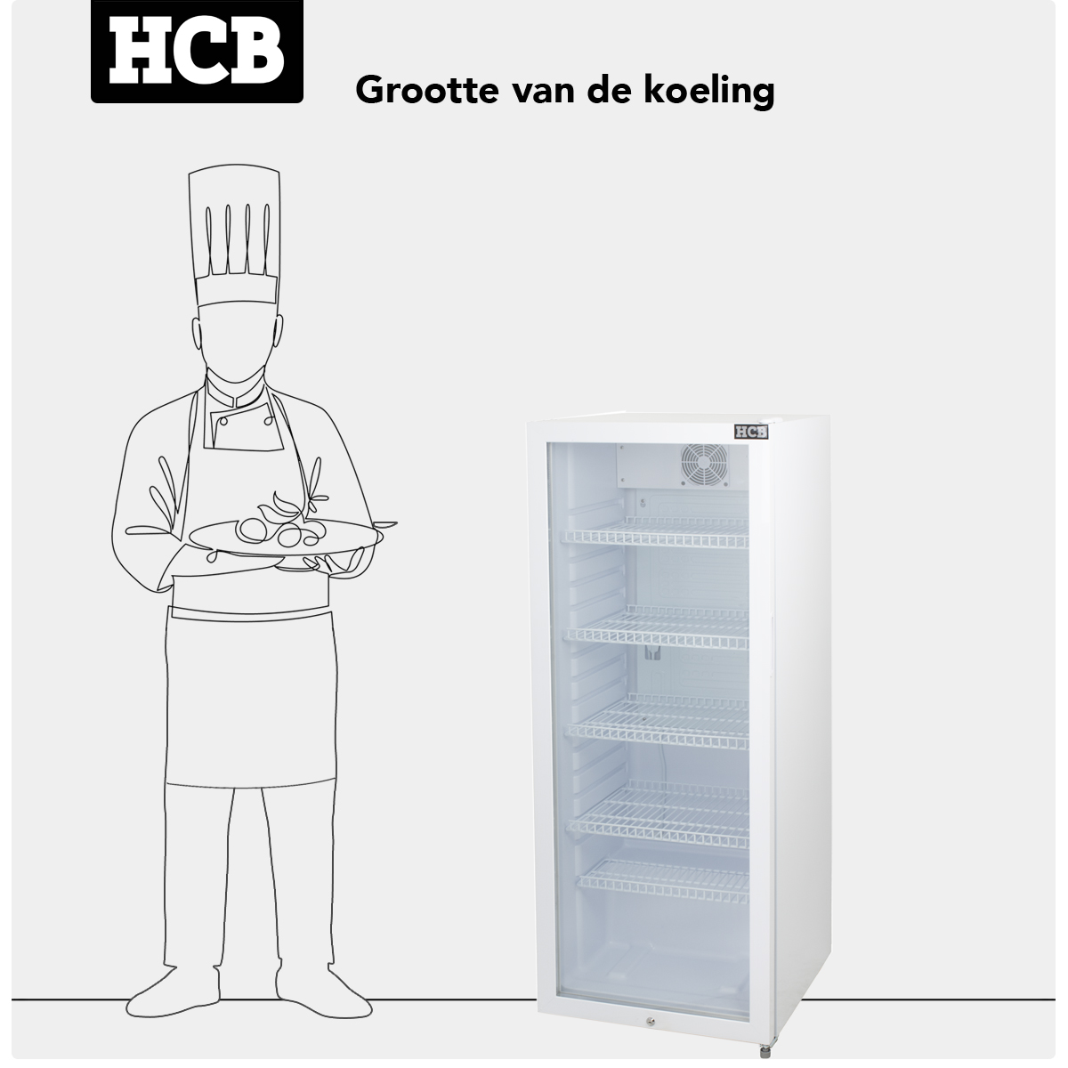Chef met bord naast een witte koelkast met glazen deur.