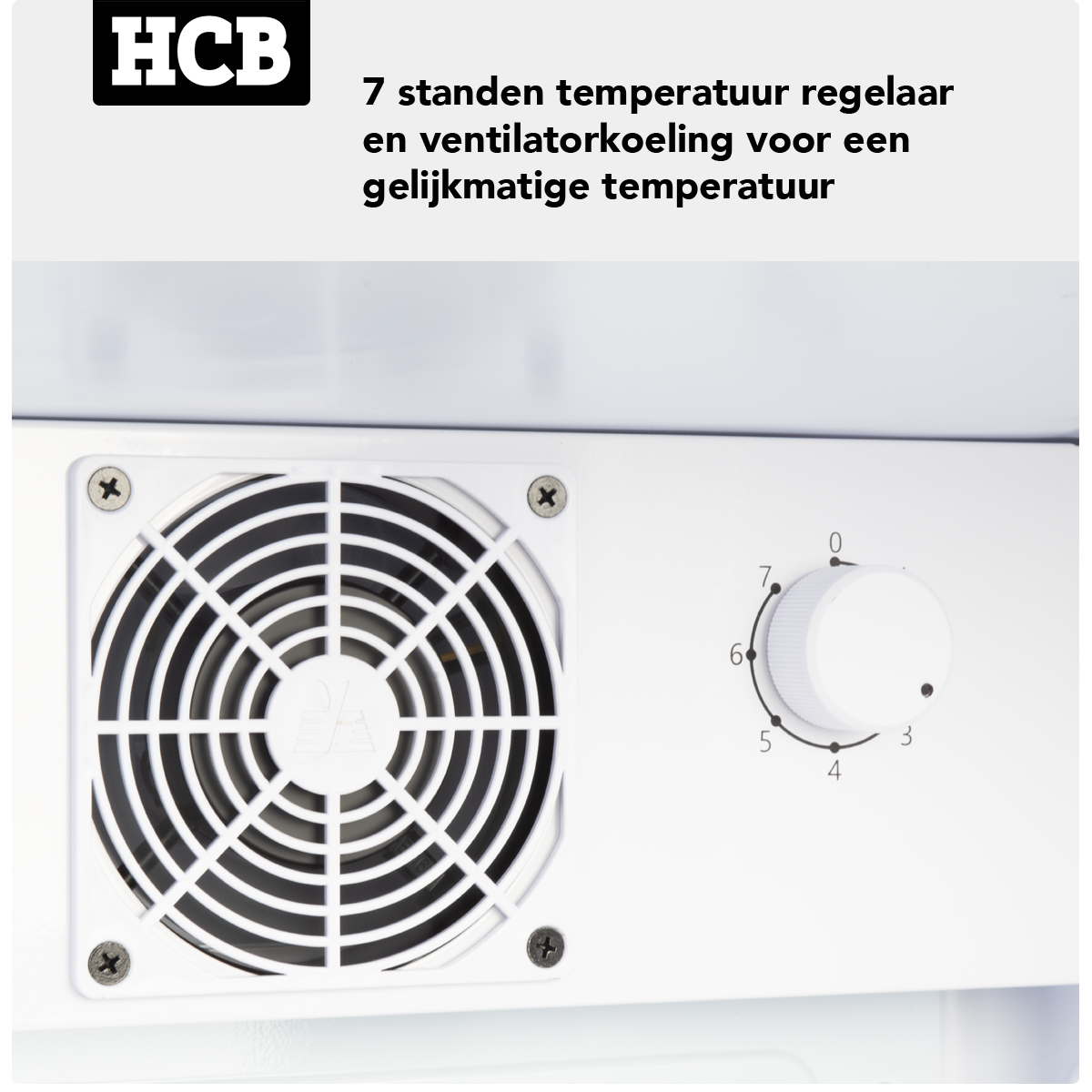 Ventilatorrooster en temperatuurregelaar met schaal 0-7.
