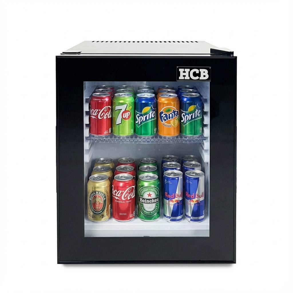 Een kleine zwarte koelkast gevuld met diverse frisdranken en energiedrankjes.