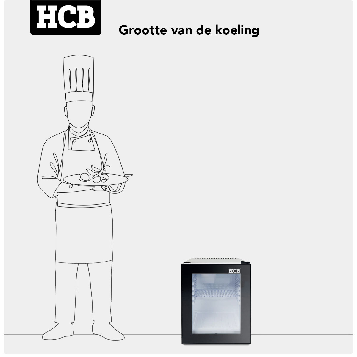 Een chef-kok met hoed en schort houdt een bord met eten vast. Een kleine koelkast staat ernaast.